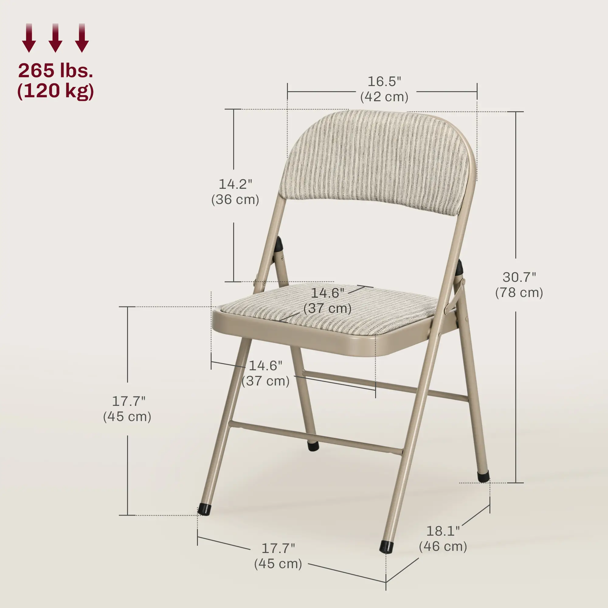 Set of 6 Metal Foldable Chairs, Linen Padded, Beige - Image 3