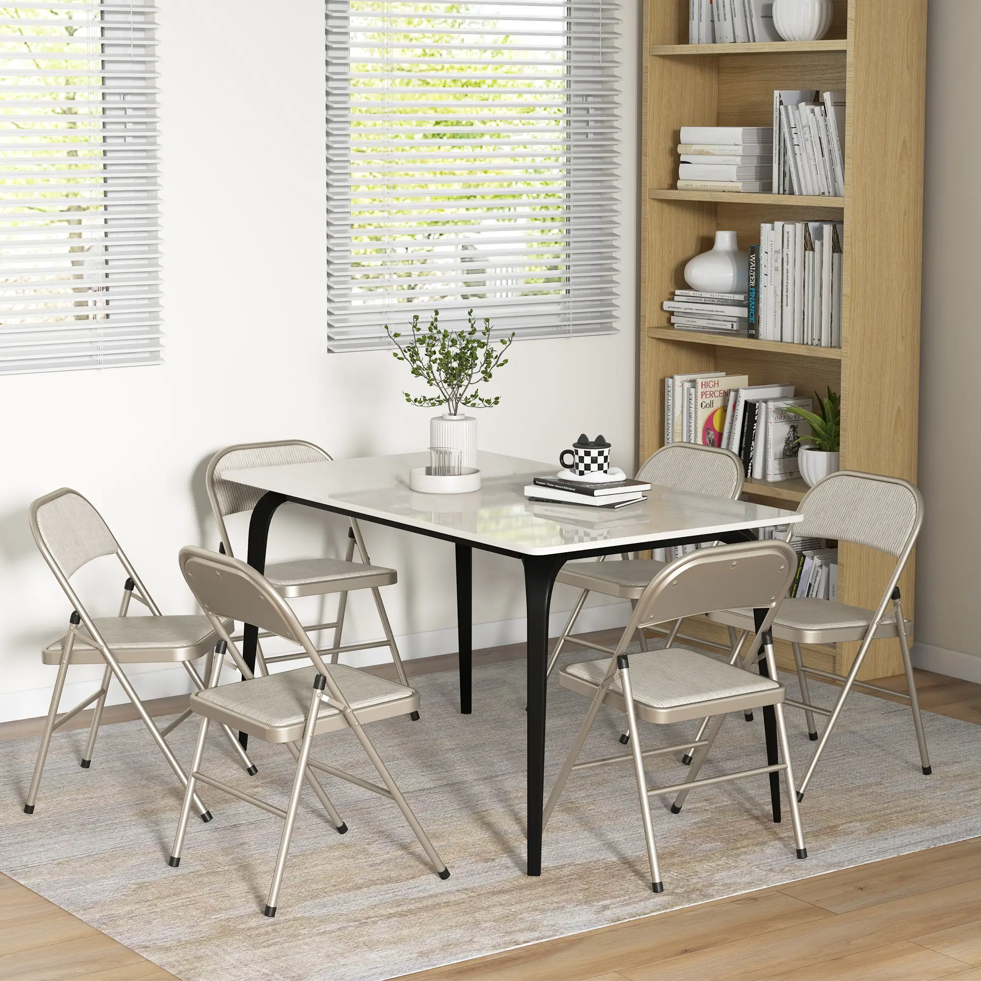 Set of 6 Metal Foldable Chairs, Linen Padded, Beige - Image 8