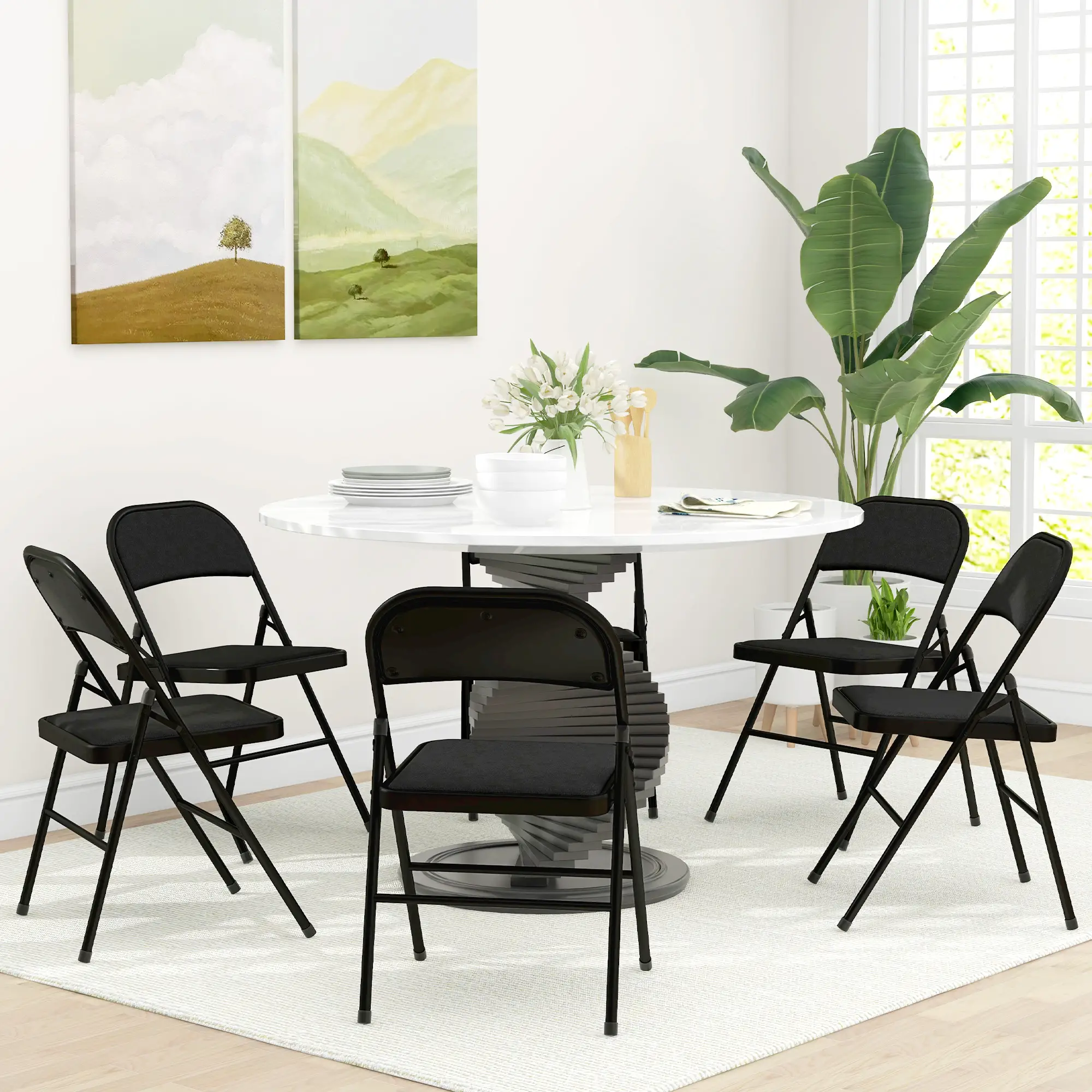 Set of 6 Metal Foldable Chairs, Linen Padded with Cushion Seat, Black - Image 10