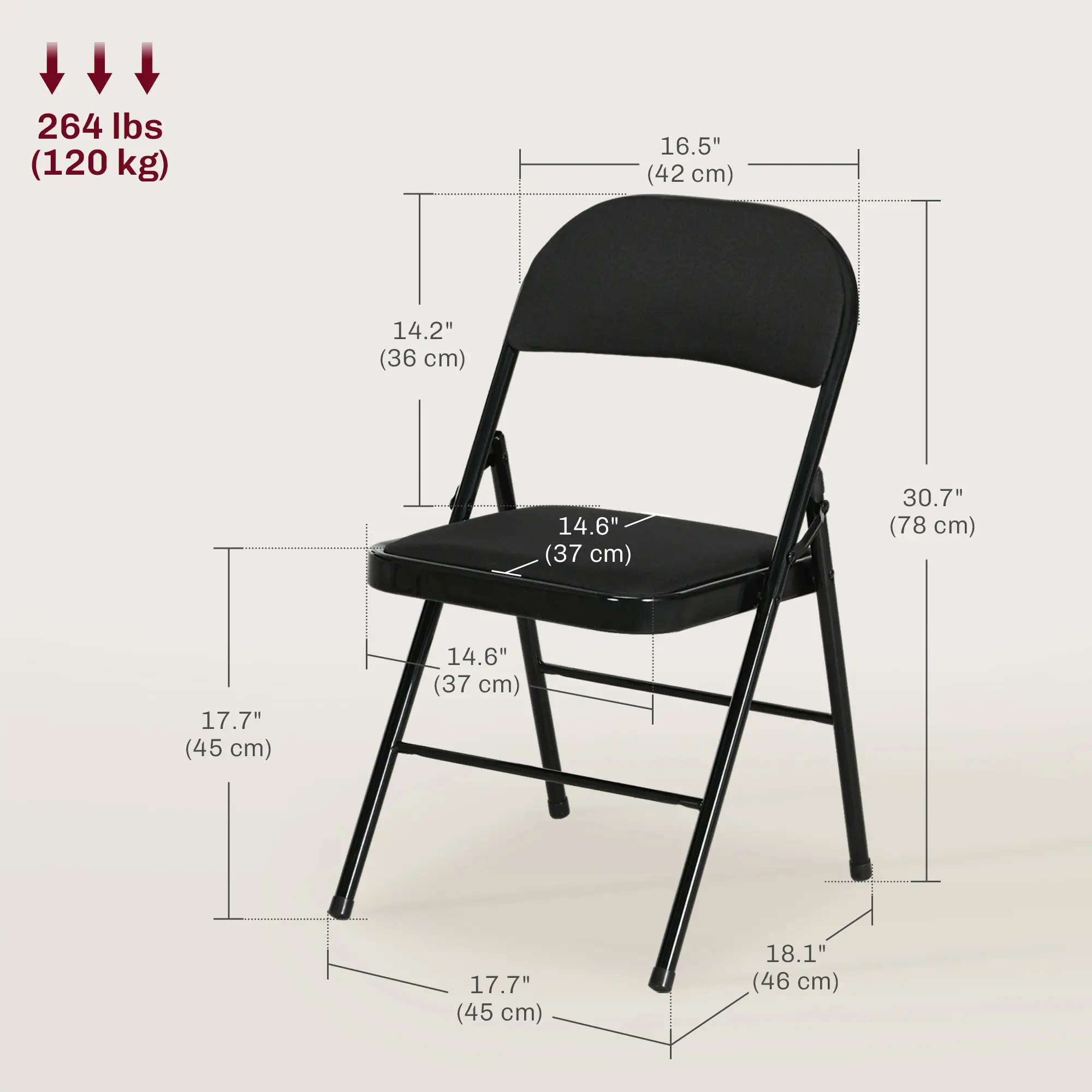Set of 6 Metal Foldable Chairs, Linen Padded with Cushion Seat, Black - Image 3