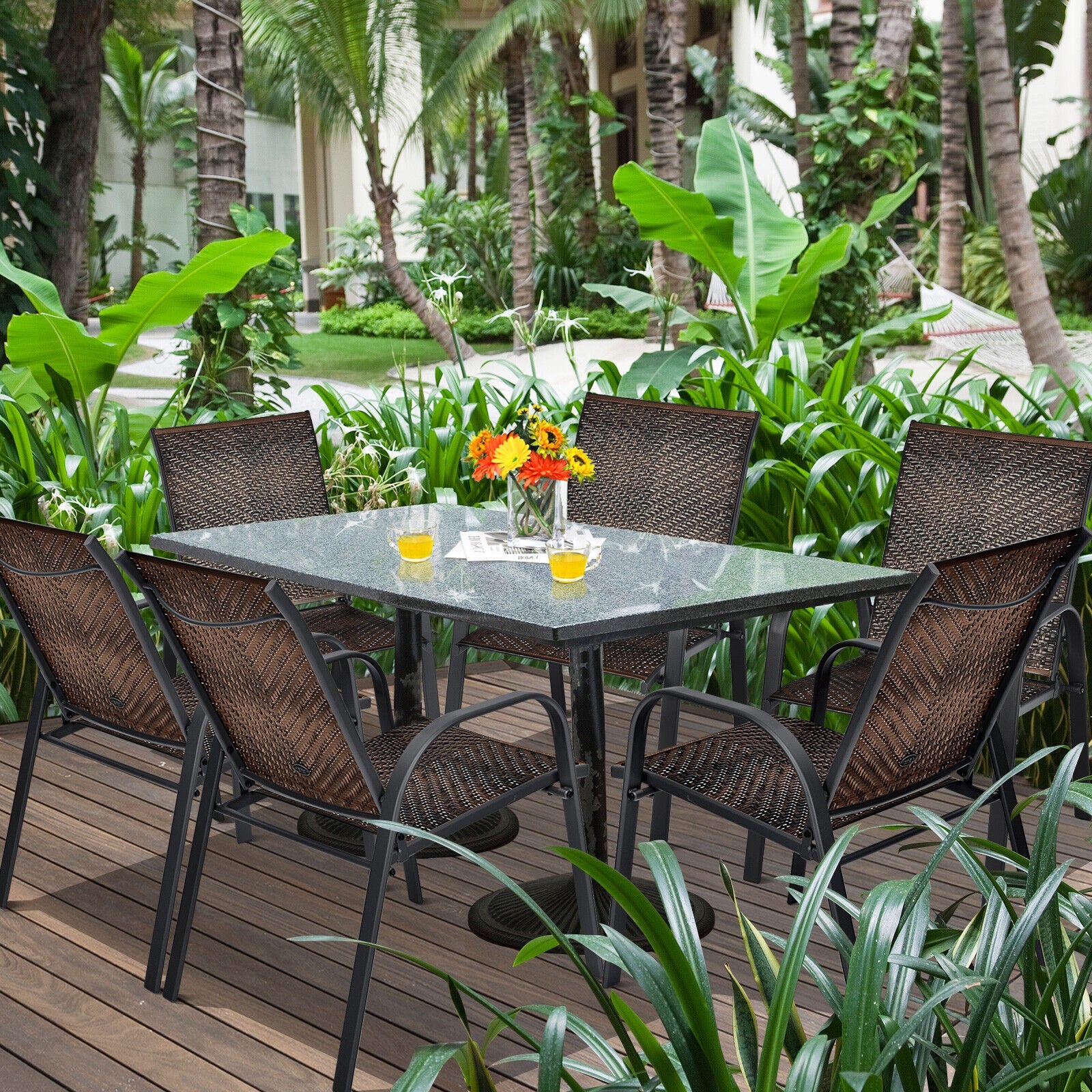 Set Of 6 Outdoor PE Wicker Stackable Chairs, Brown - Image 2