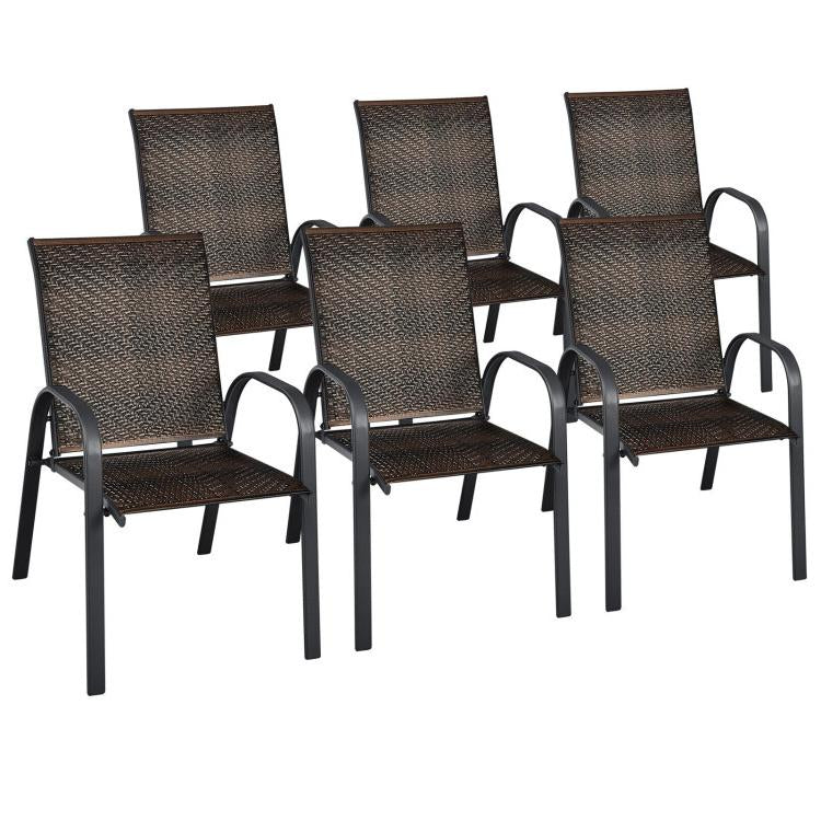Set Of 6 Outdoor PE Wicker Stackable Chairs, Brown - Image 4