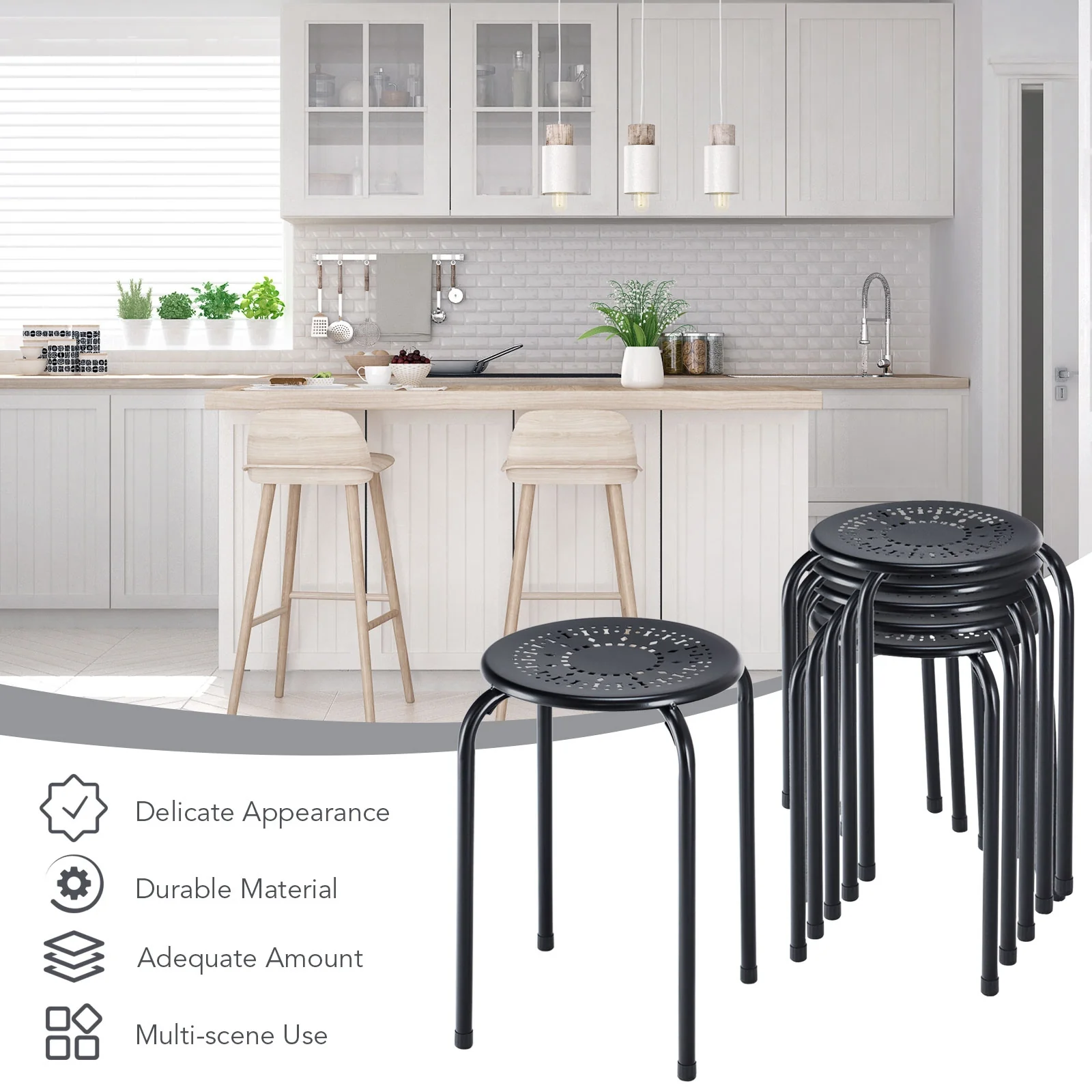 Set Of 6 Stackable Daisy Design Round Metal Stool, Black - Image 10