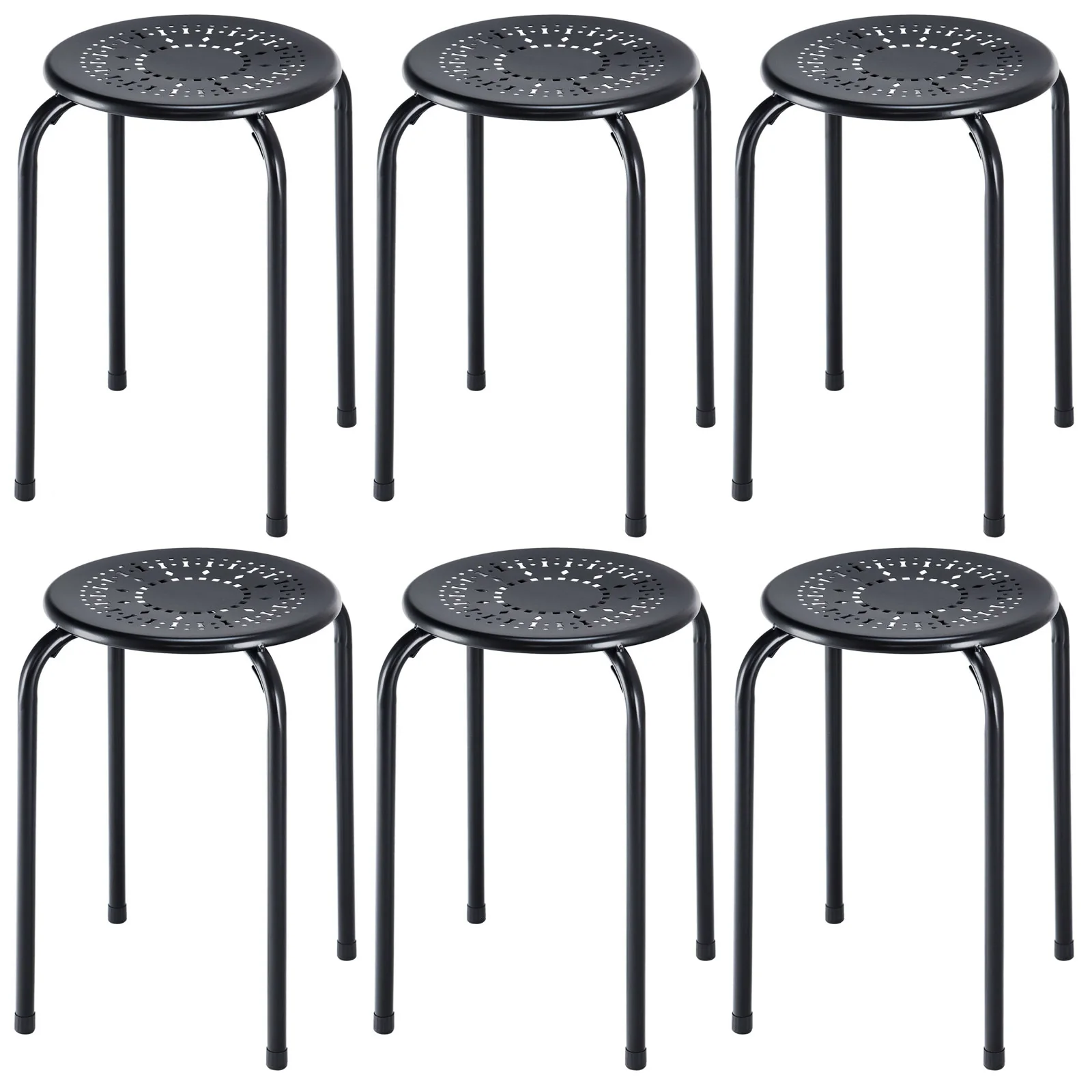 Set Of 6 Stackable Daisy Design Round Metal Stool, Black - Image 4