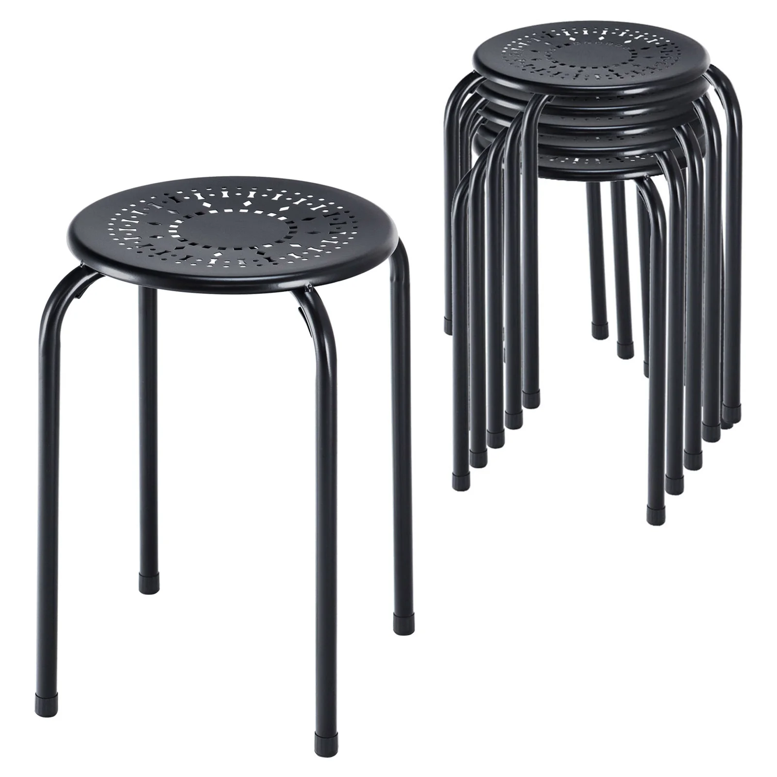 Set Of 6 Stackable Daisy Design Round Metal Stool, Black - Image 5