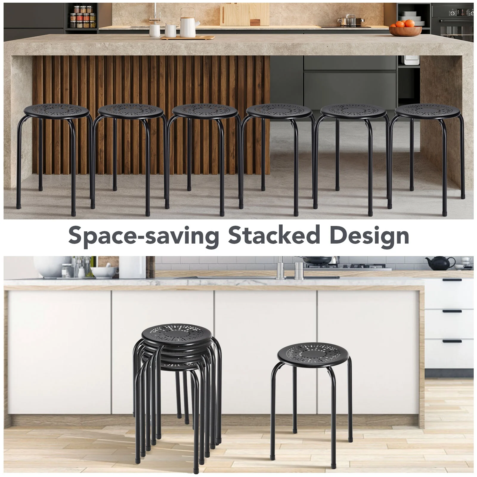 Set Of 6 Stackable Daisy Design Round Metal Stool, Black - Image 7