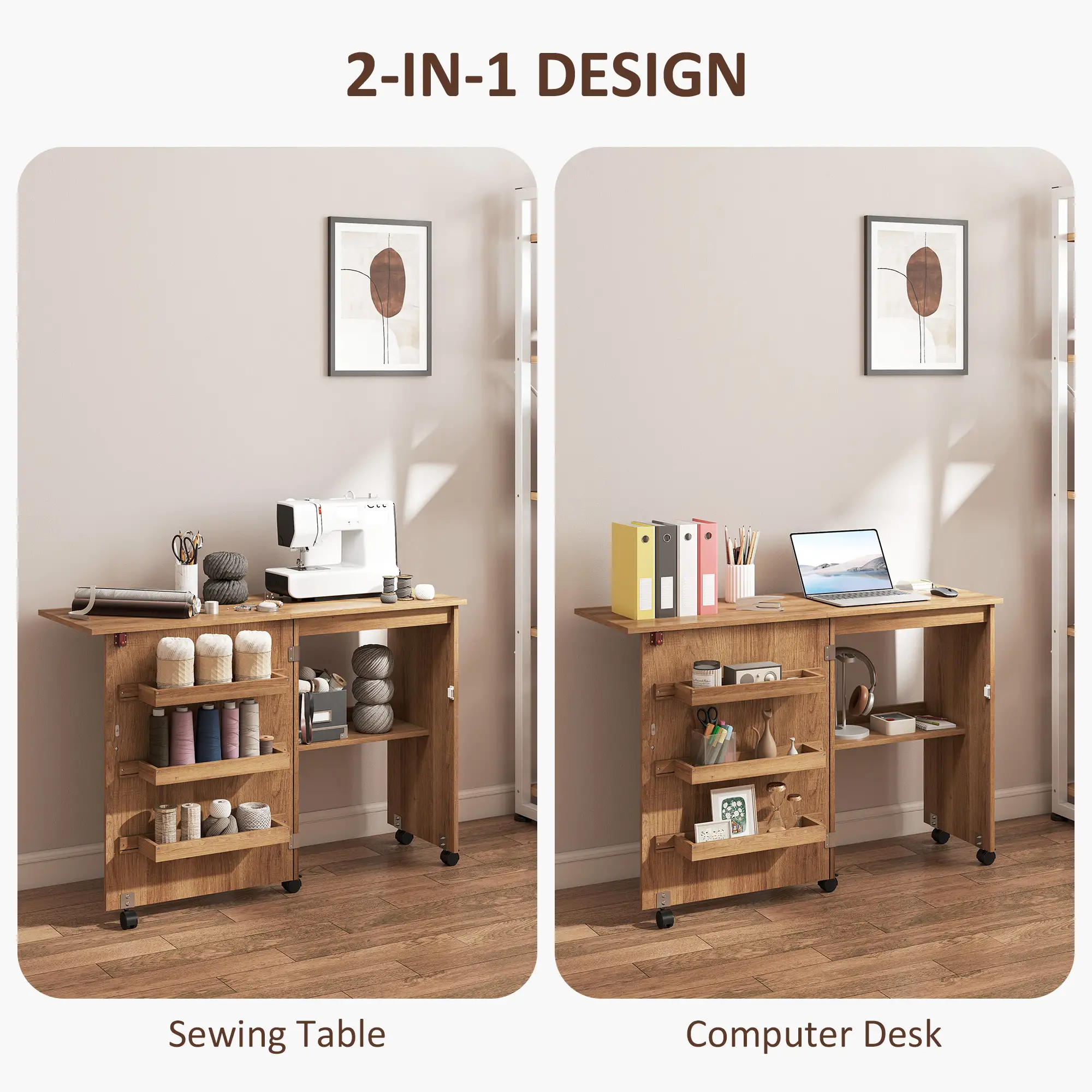 Sewing Machine Cabinet, Folding Table with Storage, Brown - Image 6