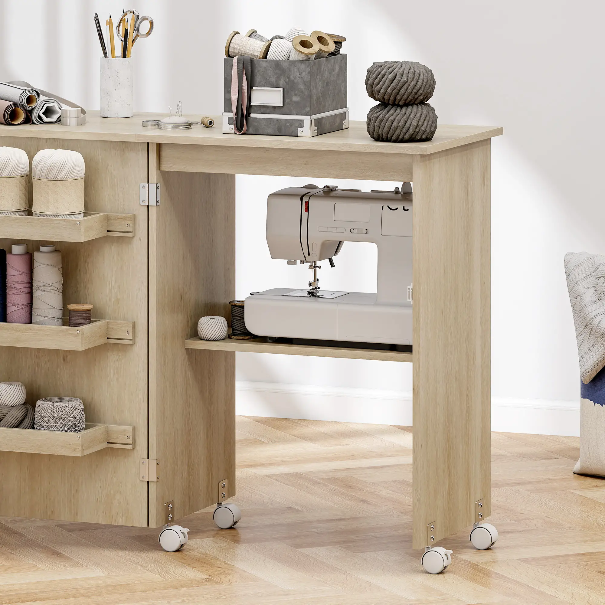 Sewing Machine Cabinet, Folding Table with Storage, Nature Wood - Image 10