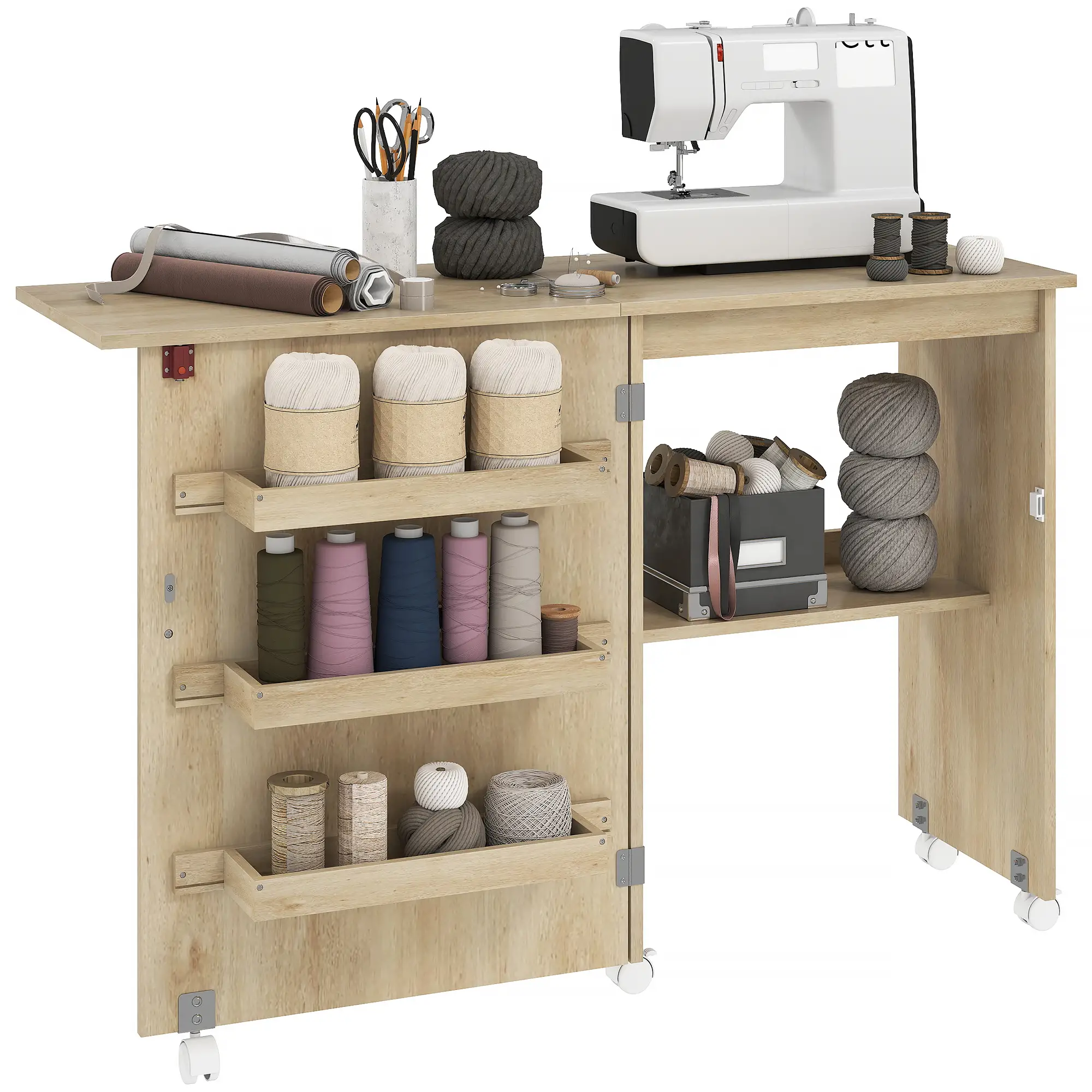 Sewing Machine Cabinet, Folding Table with Storage, Nature Wood - Image 11