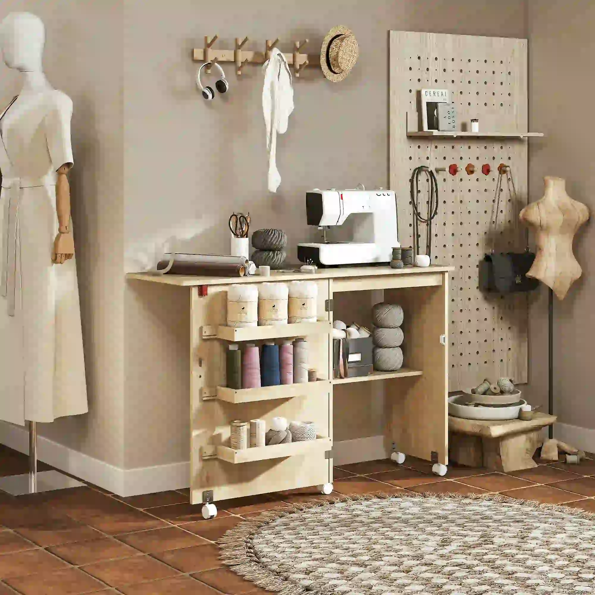 Sewing Machine Cabinet, Folding Table with Storage, Nature Wood - Image 2
