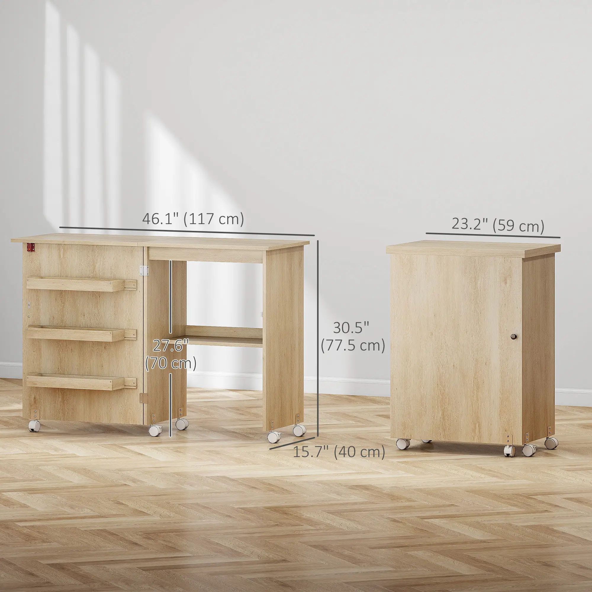 Sewing Machine Cabinet, Folding Table with Storage, Nature Wood - Image 3