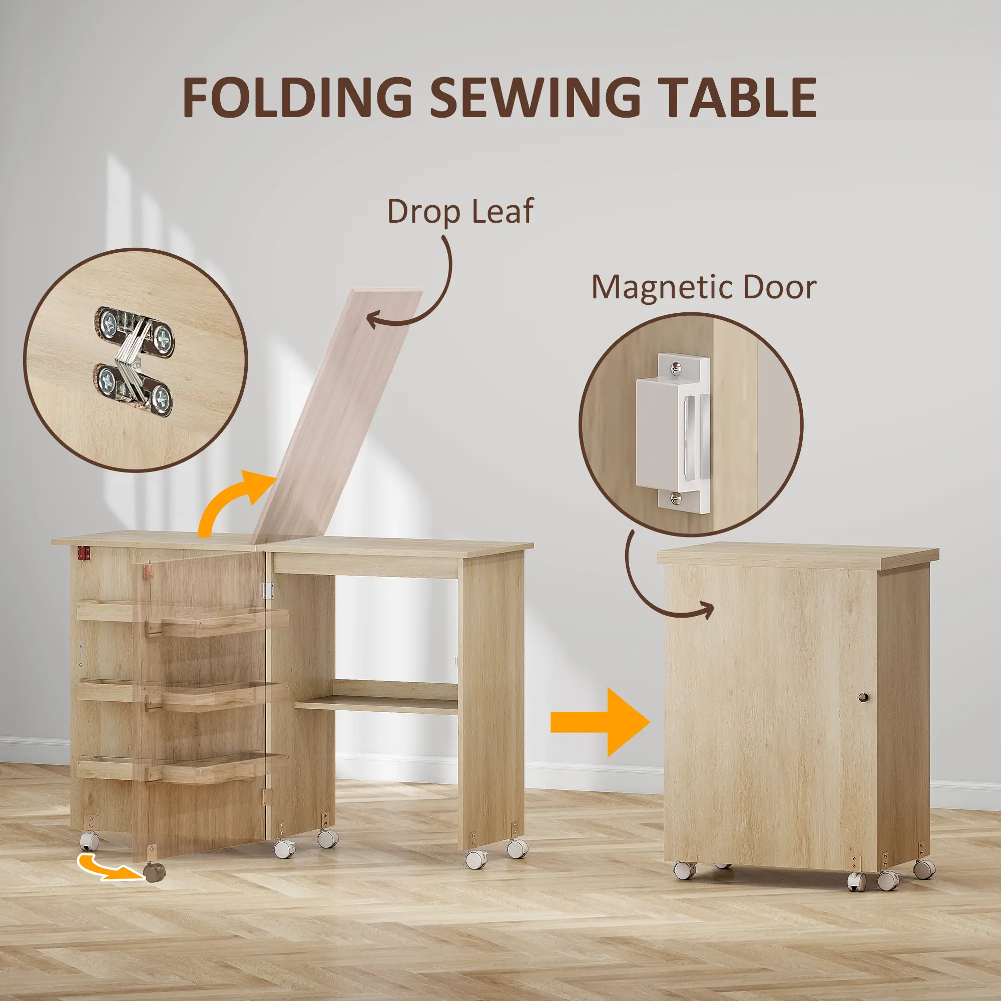 Sewing Machine Cabinet, Folding Table with Storage, Nature Wood - Image 4