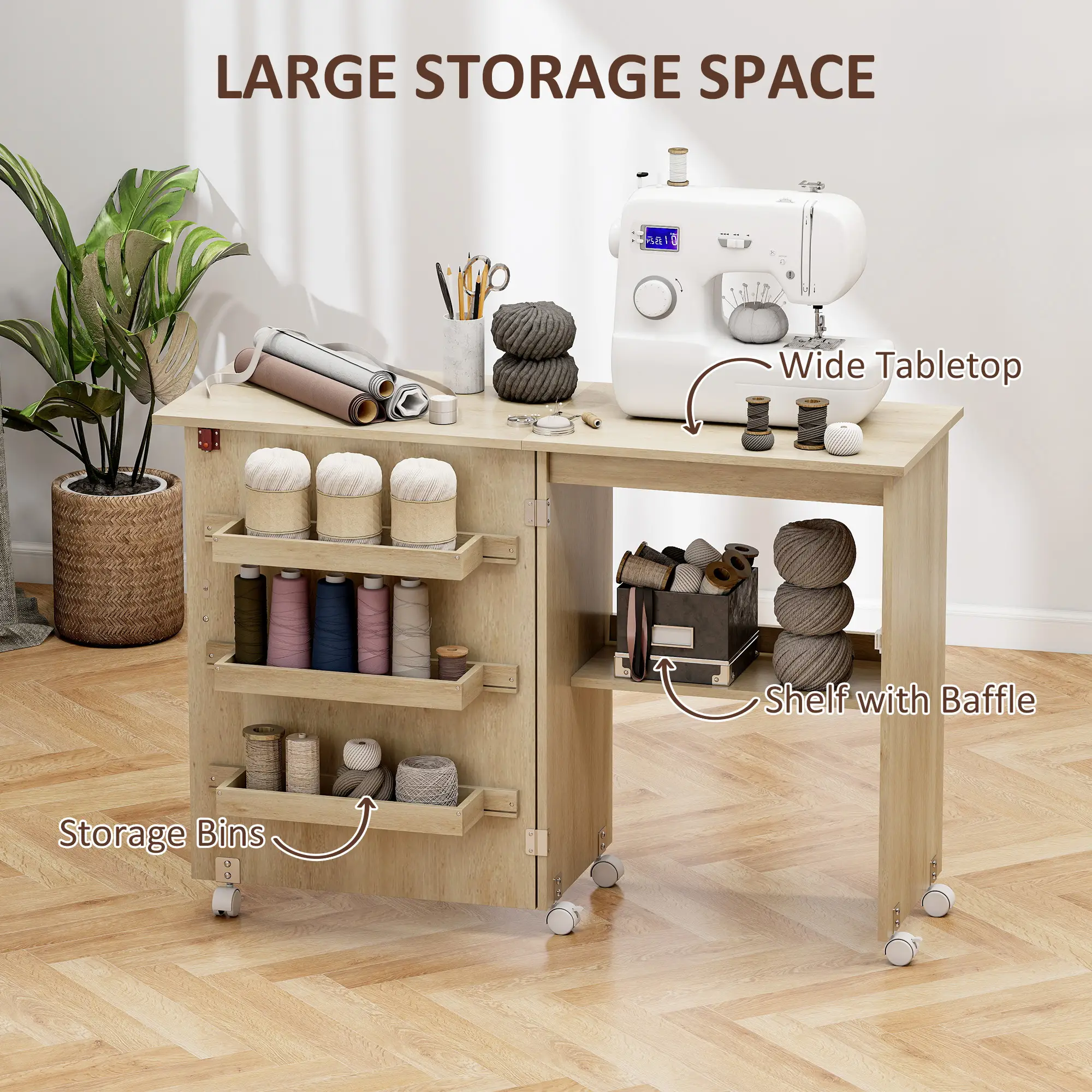 Sewing Machine Cabinet, Folding Table with Storage, Nature Wood - Image 5