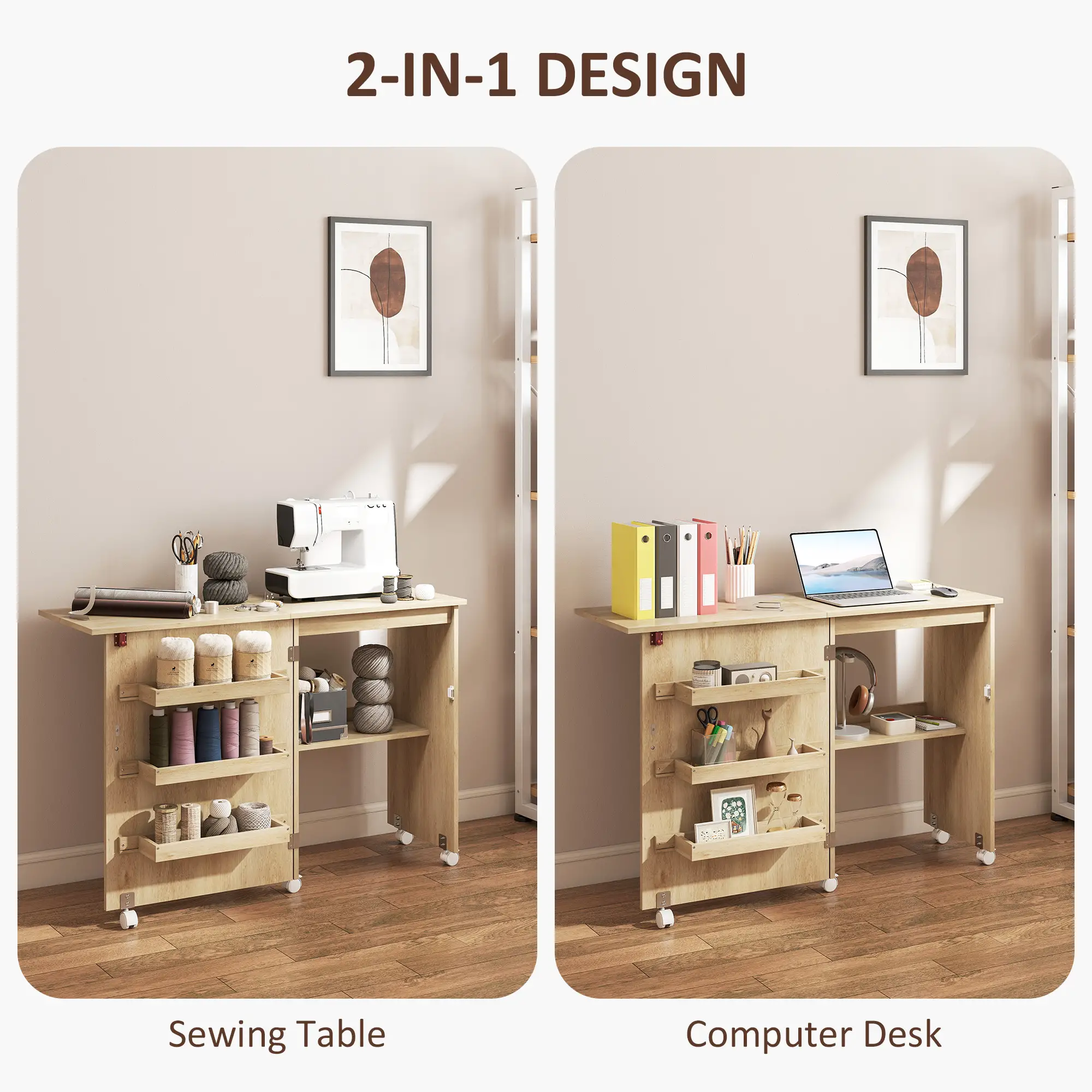 Sewing Machine Cabinet, Folding Table with Storage, Nature Wood - Image 6
