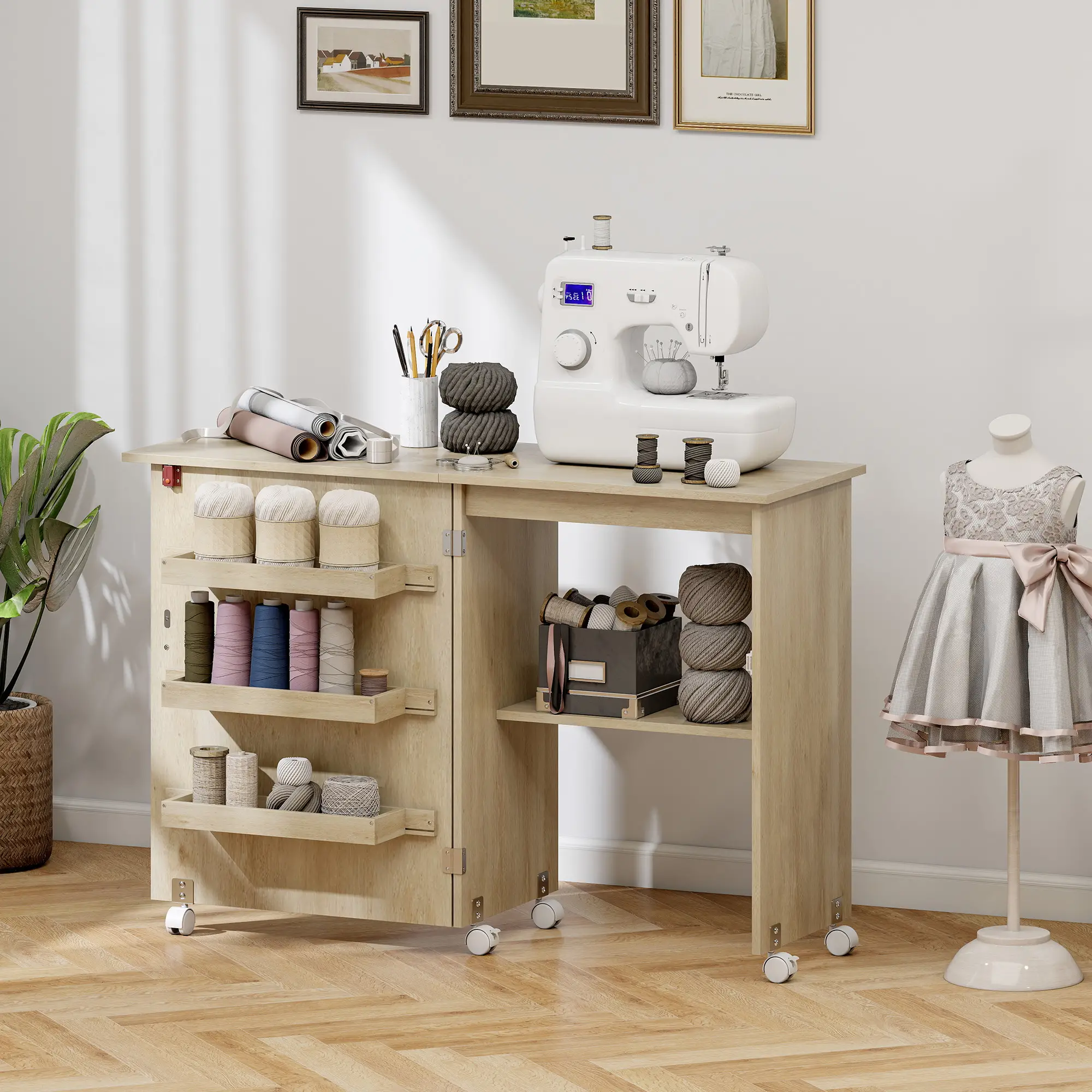 Sewing Machine Cabinet, Folding Table with Storage, Nature Wood - Image 8