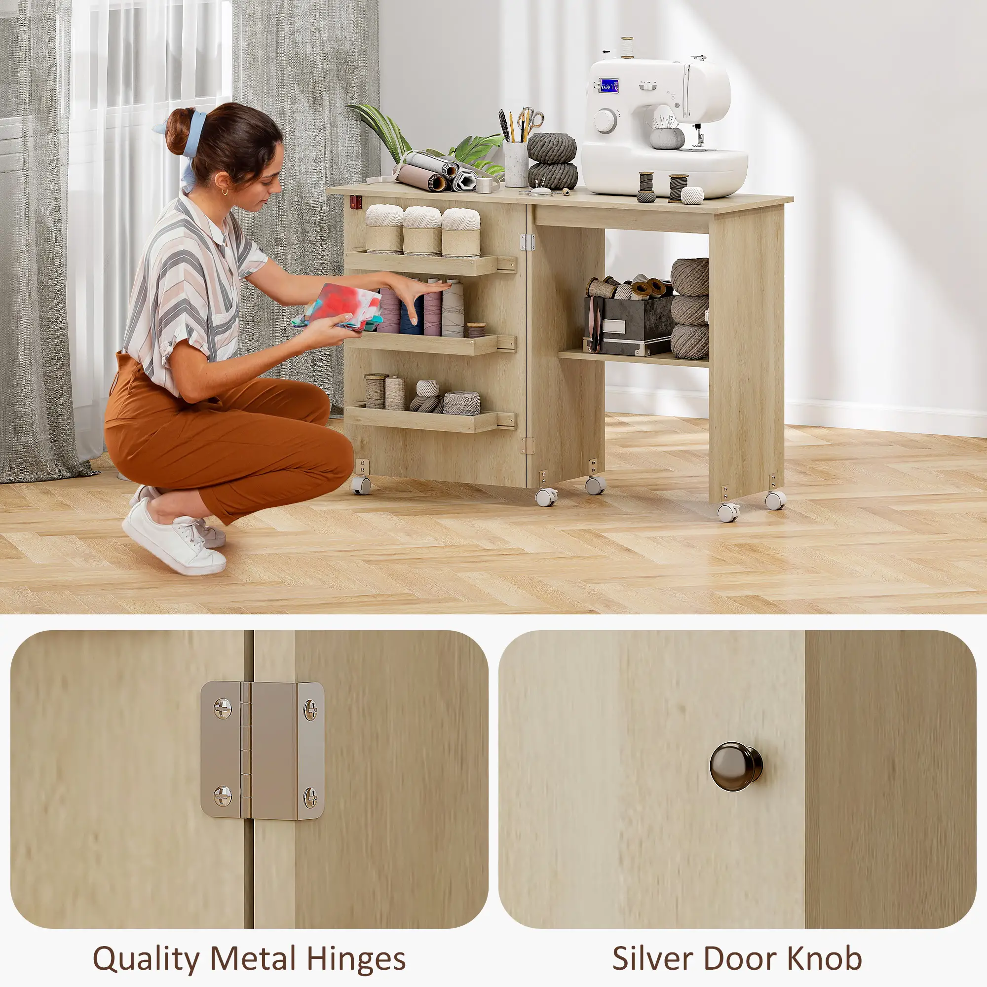 Sewing Machine Cabinet, Folding Table with Storage, Nature Wood - Image 9