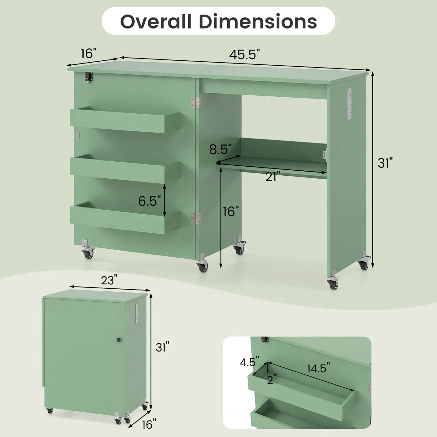 Sewing Machine Table, Charging Station, Lockable Casters, Green - Image 5