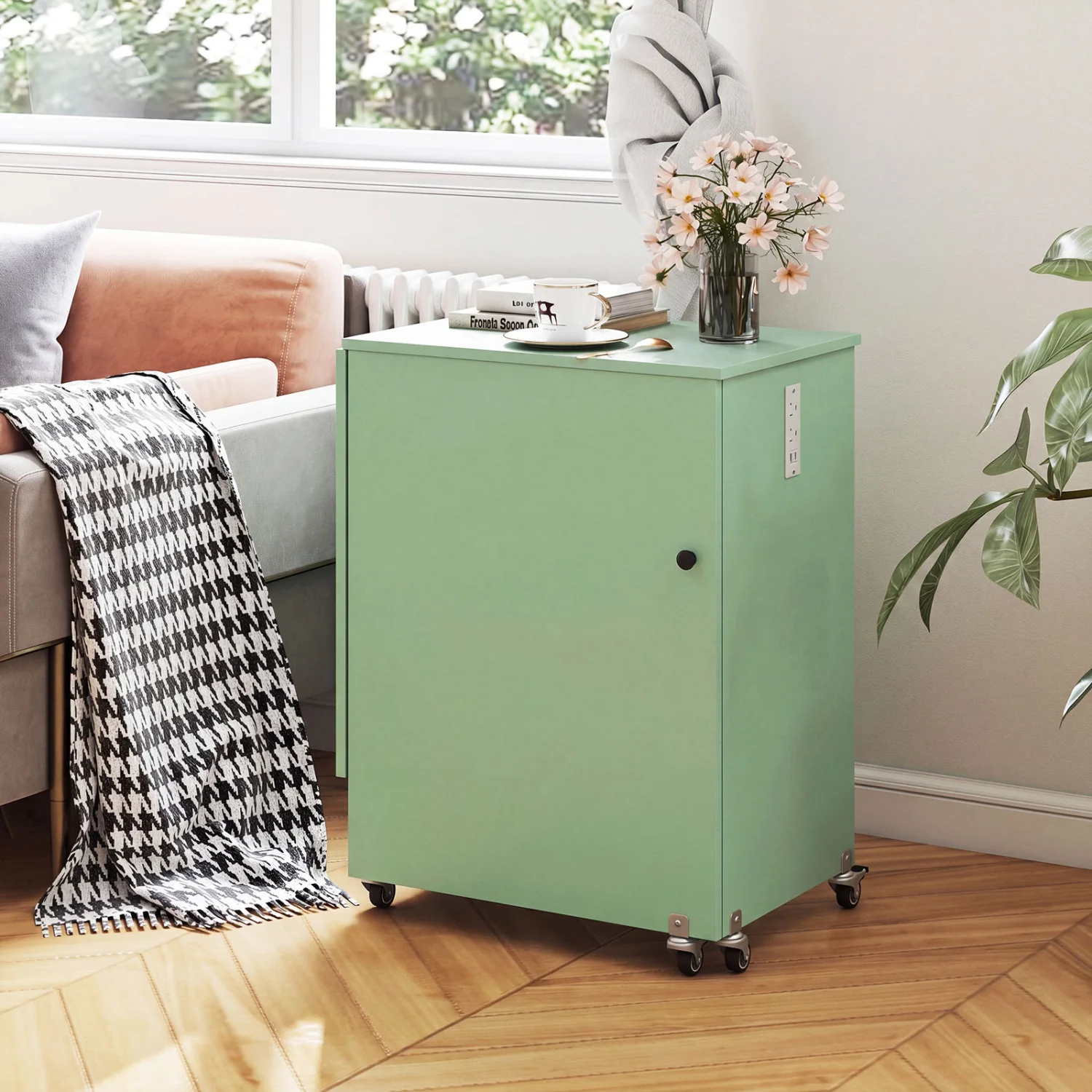 Sewing Machine Table, Charging Station, Lockable Casters, Green - Image 6