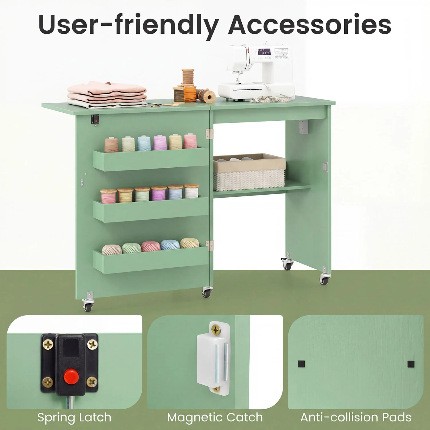Sewing Machine Table, Charging Station, Lockable Casters, Green - Image 7