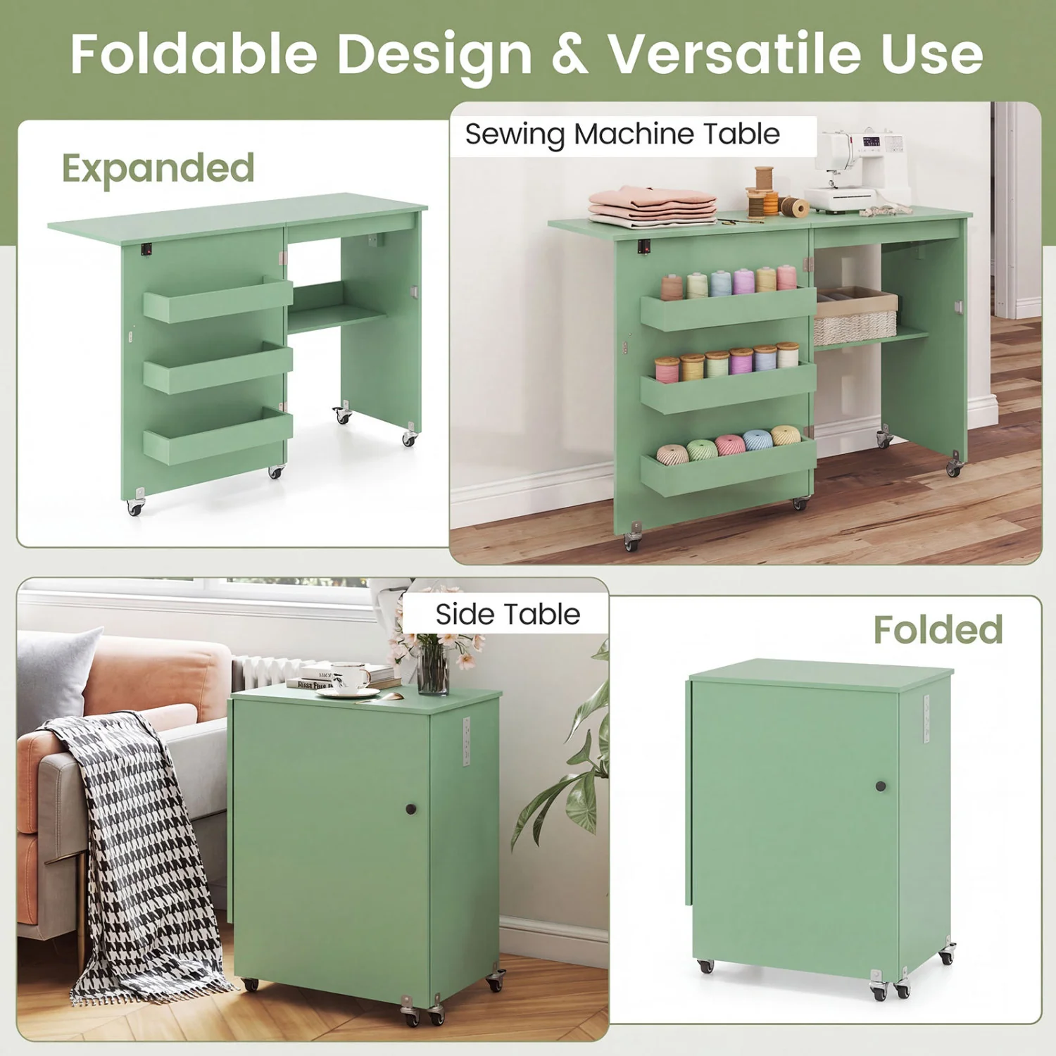 Sewing Machine Table, Charging Station, Lockable Casters, Green - Image 9
