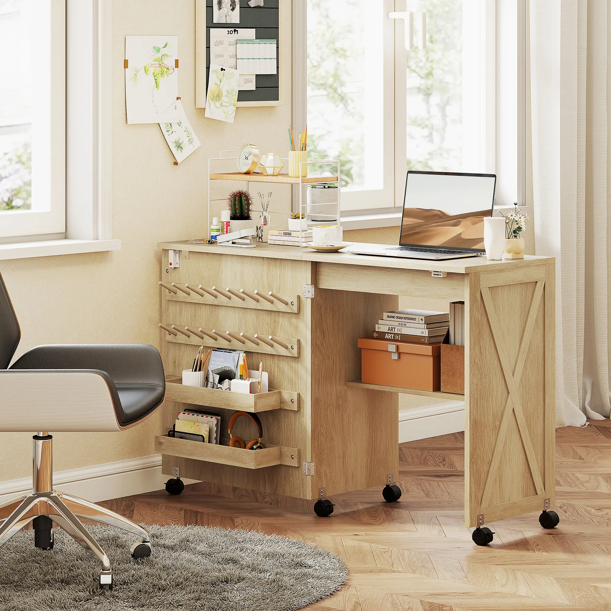 Sewing Machine Table on Wheels, Folding Craft Table with Storage, Natural - Image 10