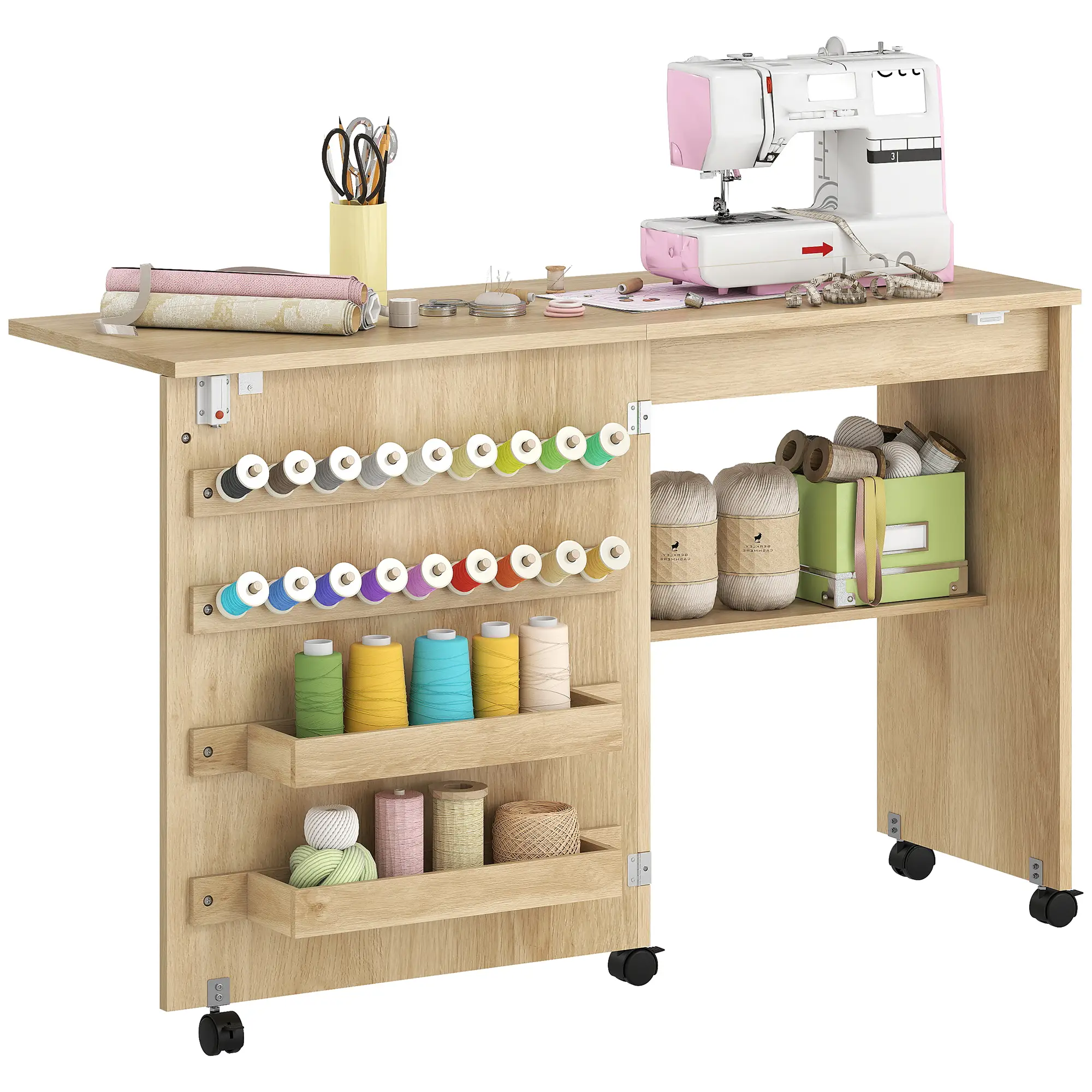 Sewing Machine Table on Wheels, Folding Craft Table with Storage, Natural - Image 11