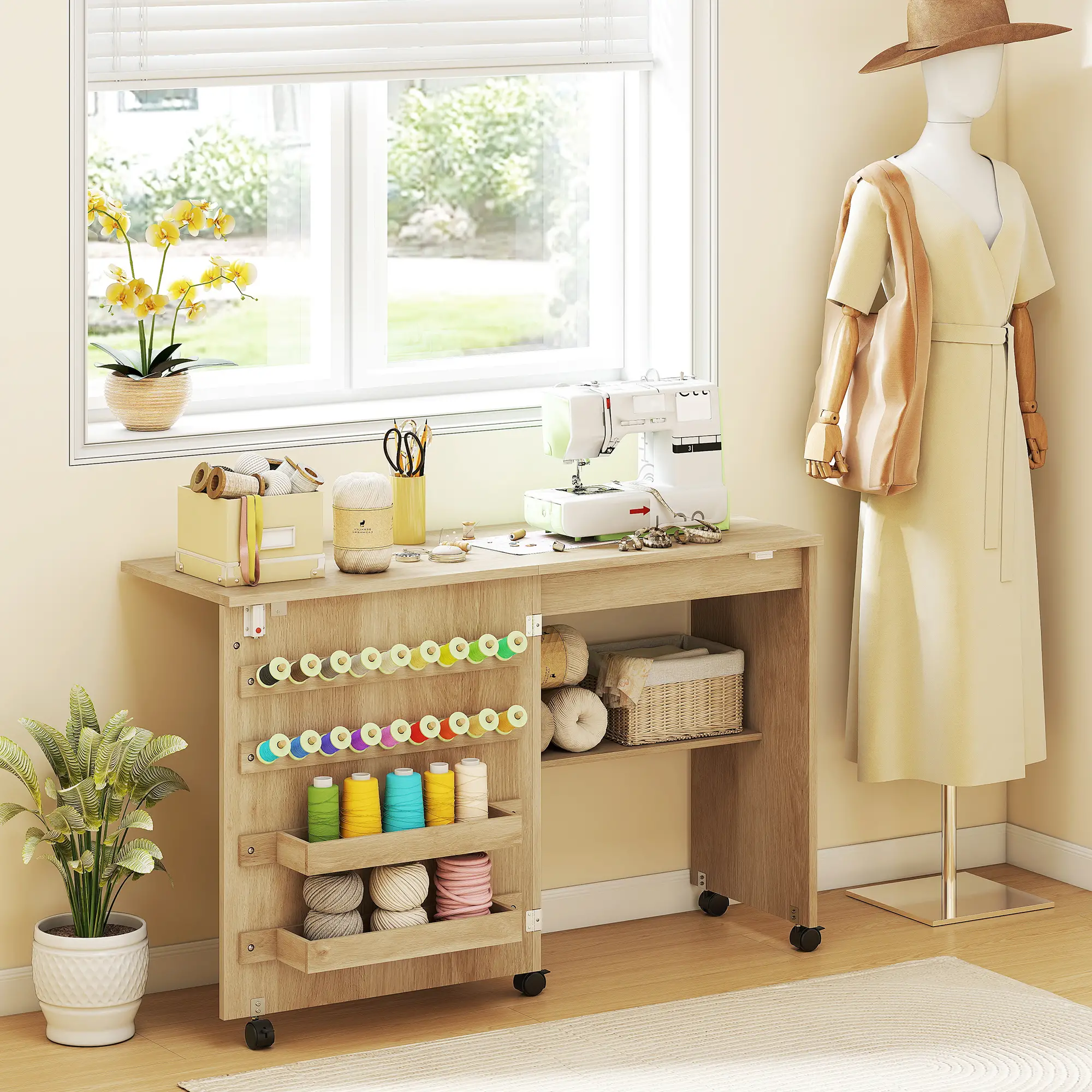 Sewing Machine Table on Wheels, Folding Craft Table with Storage, Natural - Image 2