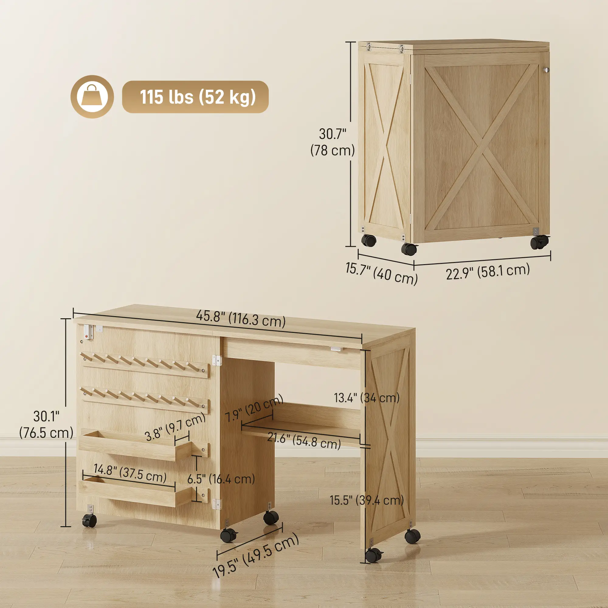 Sewing Machine Table on Wheels, Folding Craft Table with Storage, Natural - Image 3