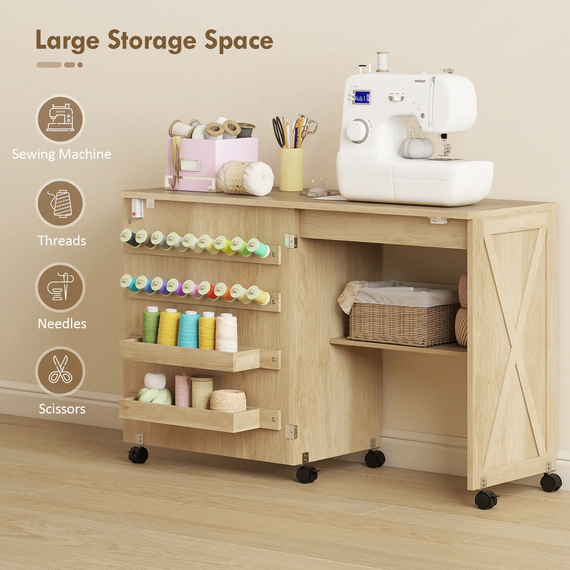 Sewing Machine Table on Wheels, Folding Craft Table with Storage, Natural - Image 4