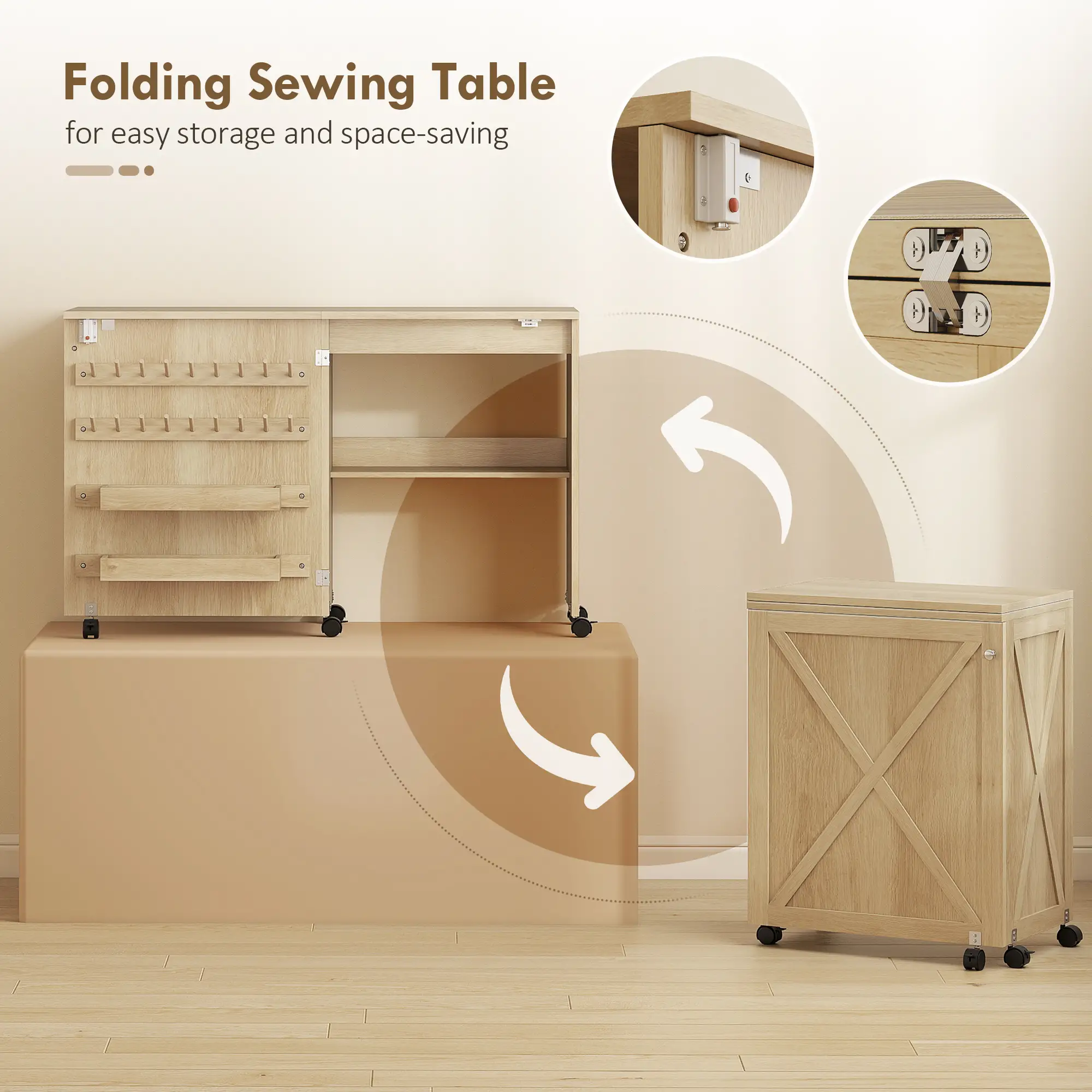 Sewing Machine Table on Wheels, Folding Craft Table with Storage, Natural - Image 5