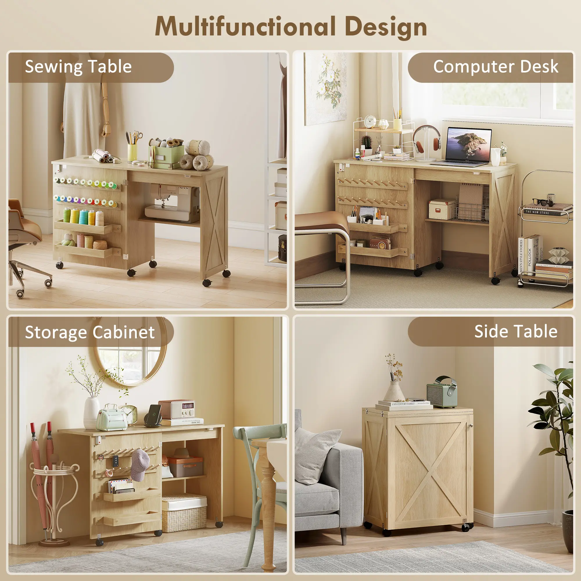 Sewing Machine Table on Wheels, Folding Craft Table with Storage, Natural - Image 6