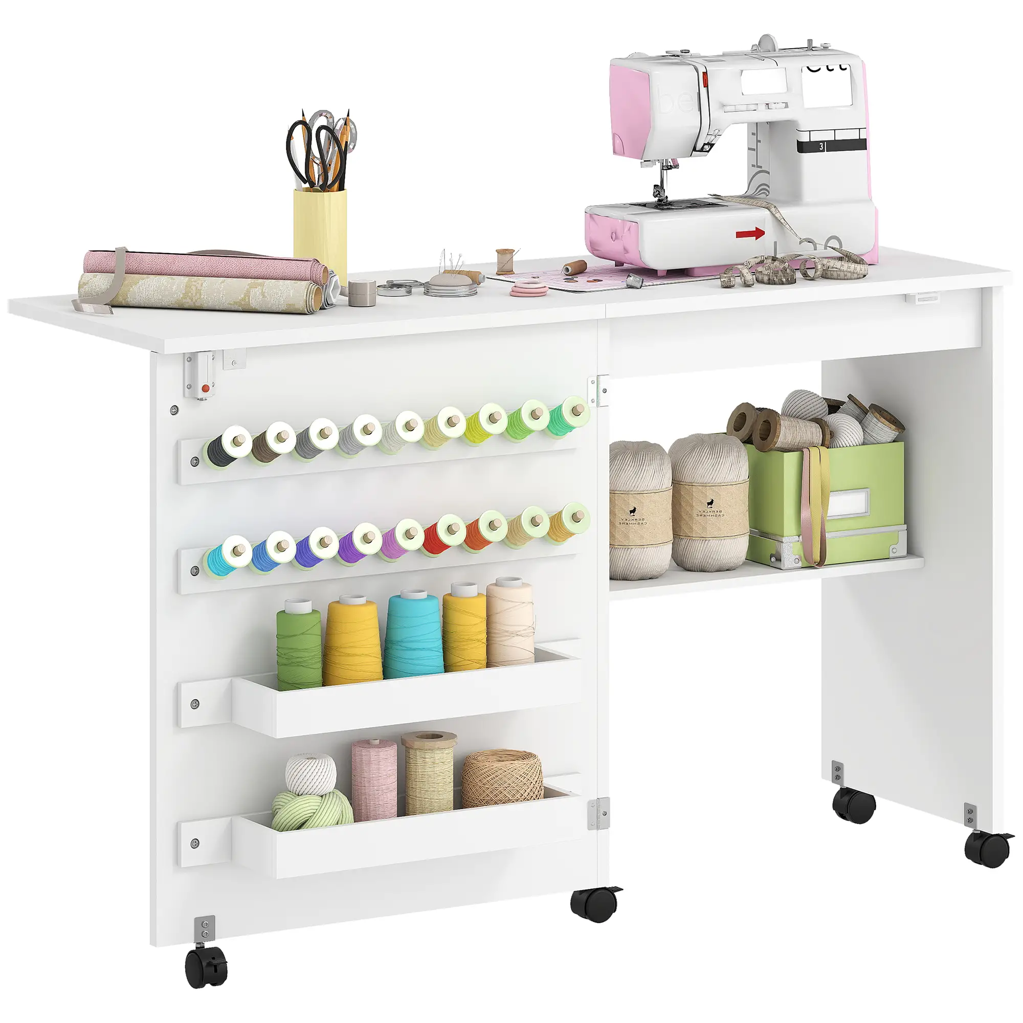 Sewing Machine Table on Wheels, Folding Craft Table with Storage, White - Image 11
