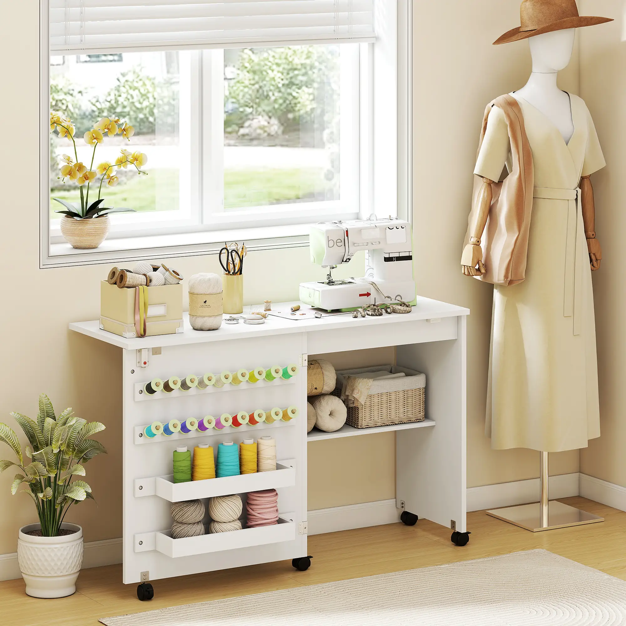 Sewing Machine Table on Wheels, Folding Craft Table with Storage, White - Image 2