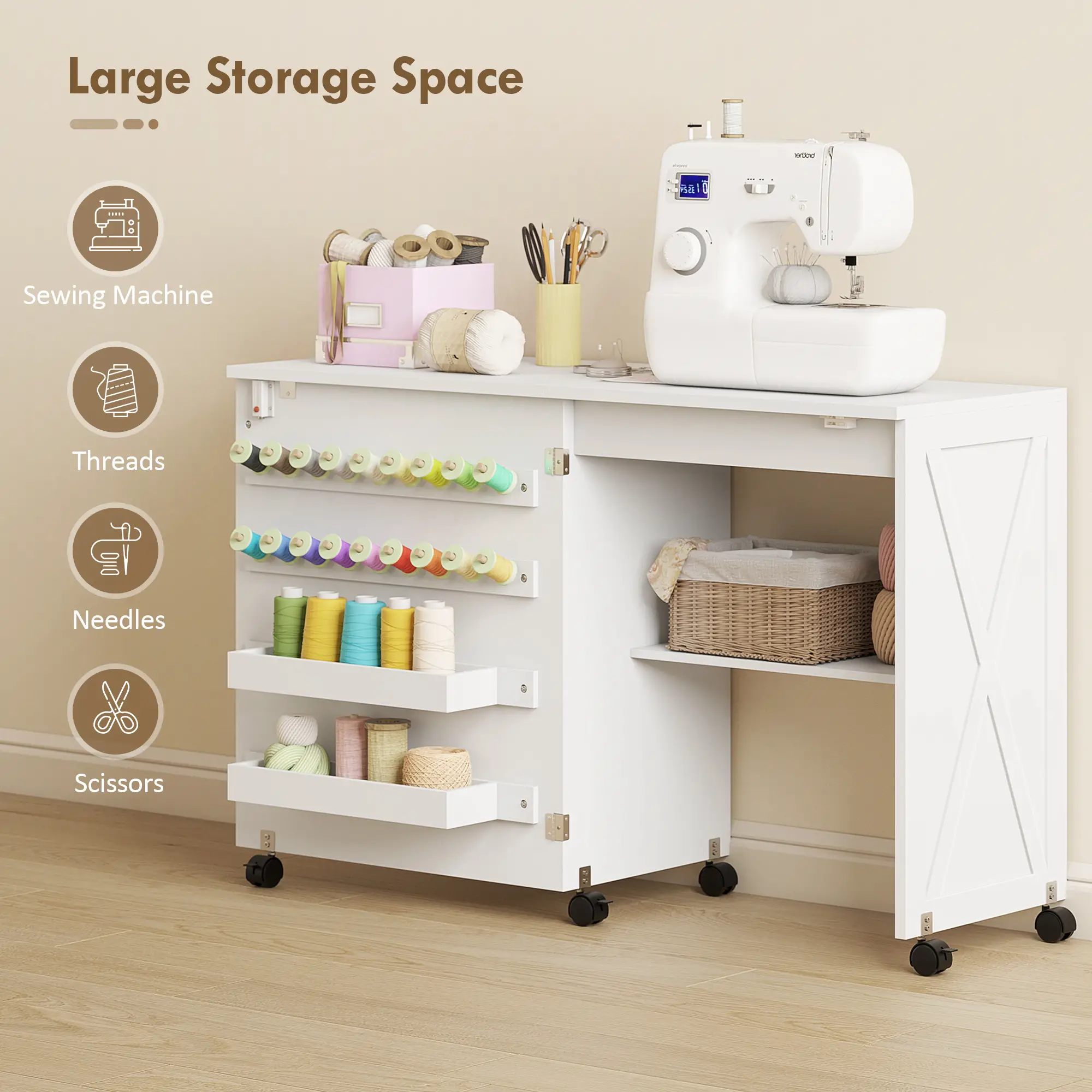 Sewing Machine Table on Wheels, Folding Craft Table with Storage, White - Image 4