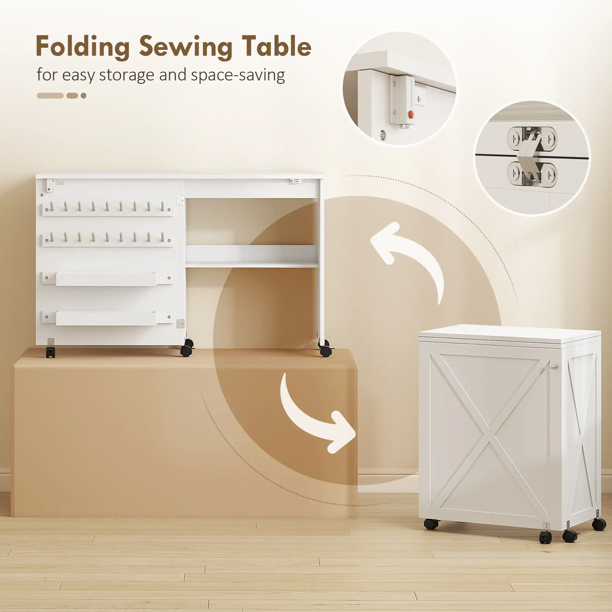 Sewing Machine Table on Wheels, Folding Craft Table with Storage, White - Image 5