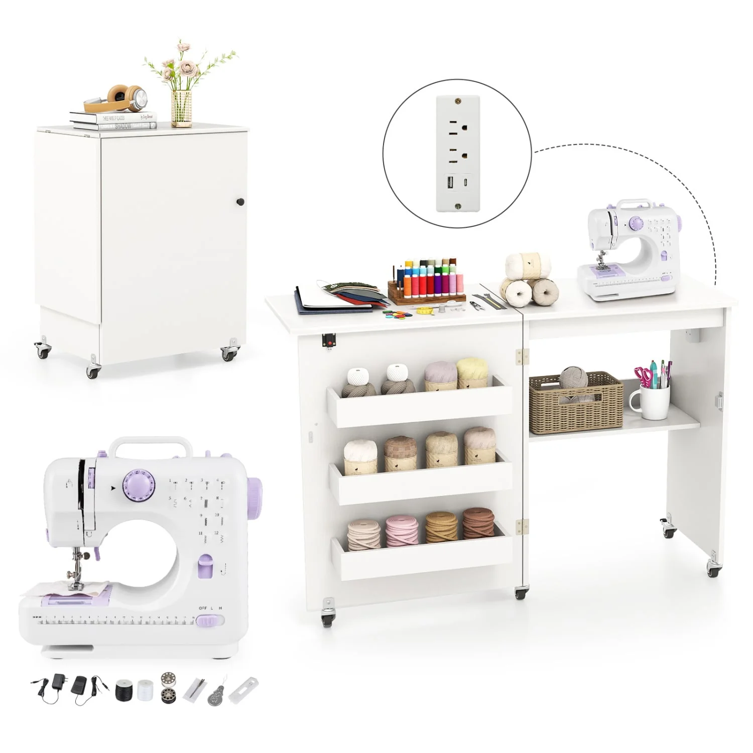 Sewing Machine & Table Set with Charging Station Folding Desk