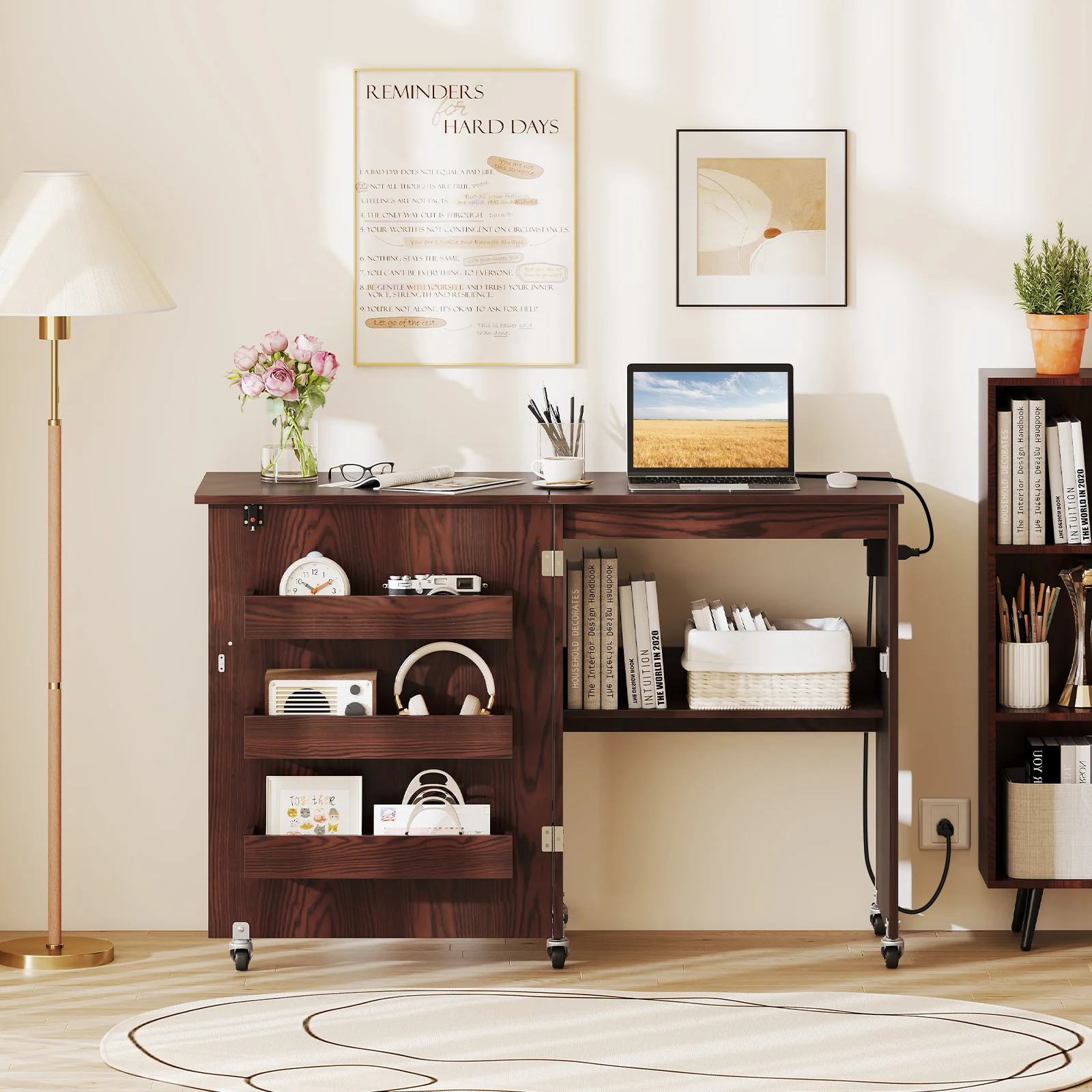 Sewing Machine Table With Charging Station, Lockable Casters, Brown - Image 3