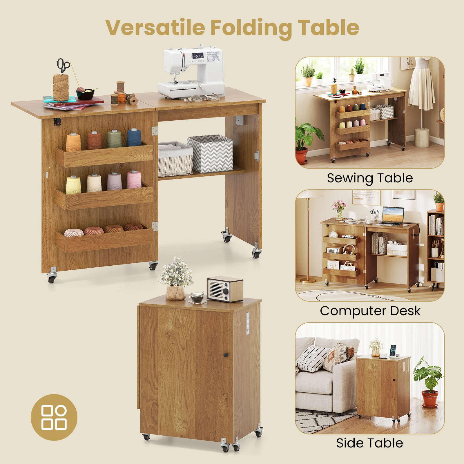 Sewing Machine Table With Charging Station, Lockable Casters, Natural - Image 10
