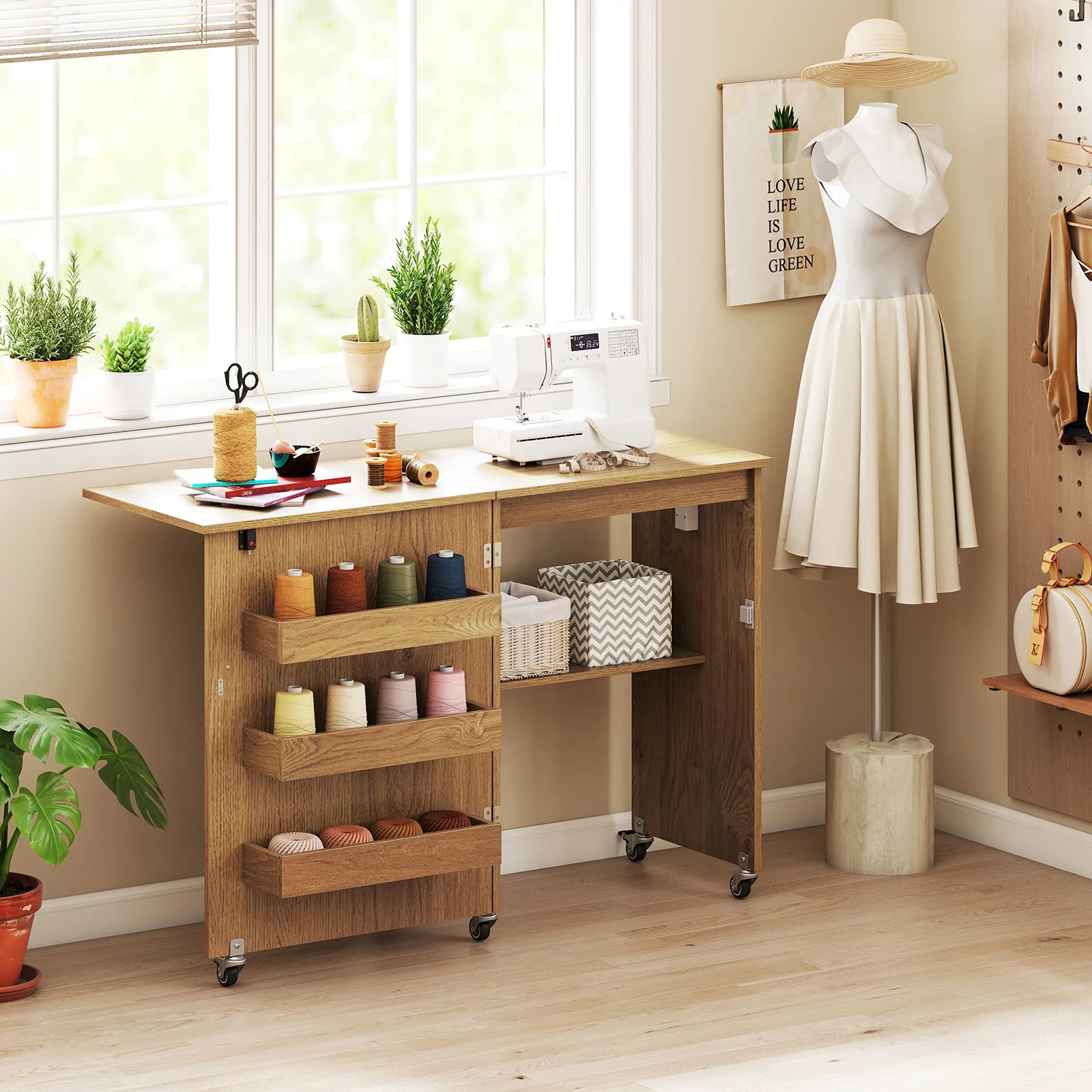 Sewing Machine Table With Charging Station, Lockable Casters, Natural - Image 2