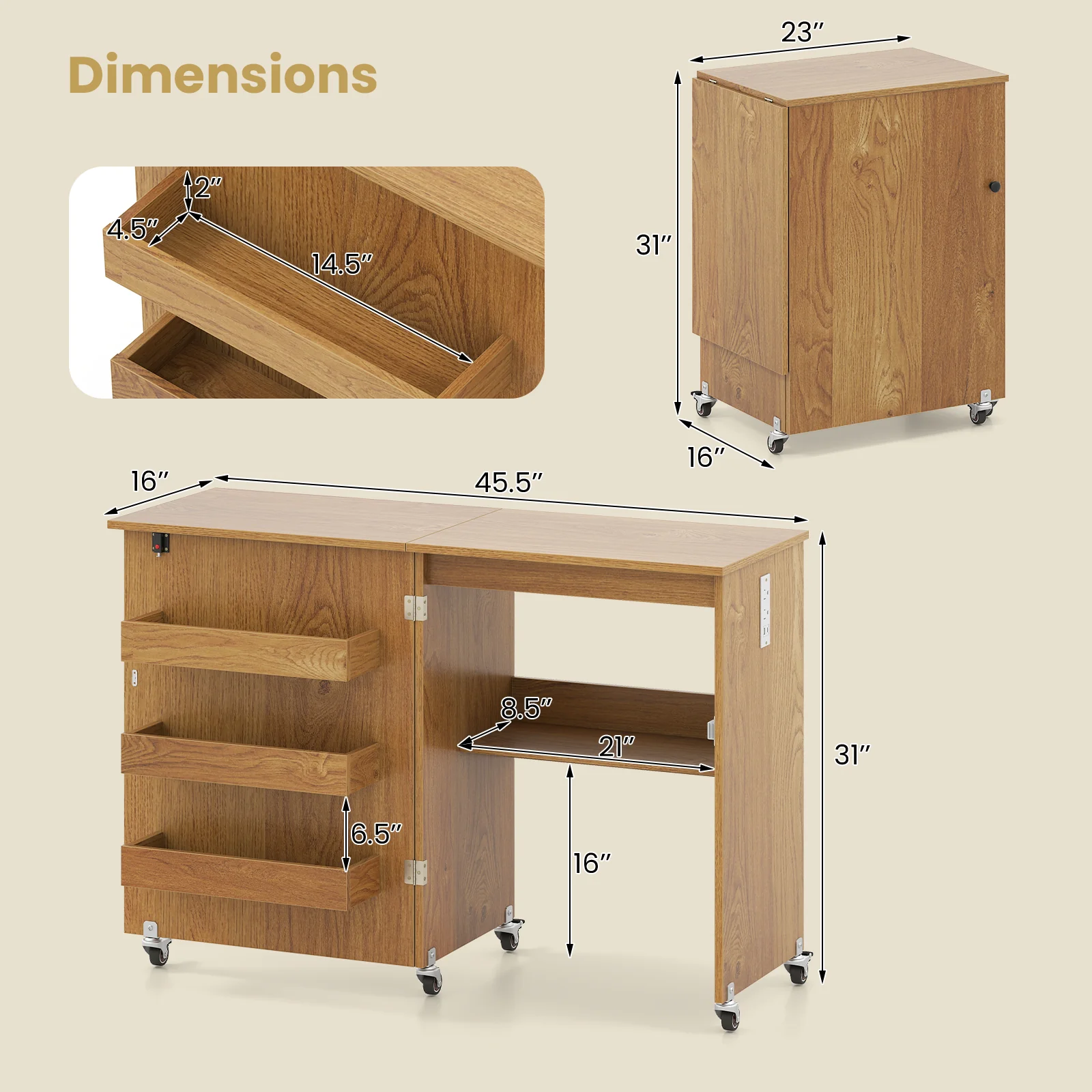 Sewing Machine Table With Charging Station, Lockable Casters, Natural - Image 6