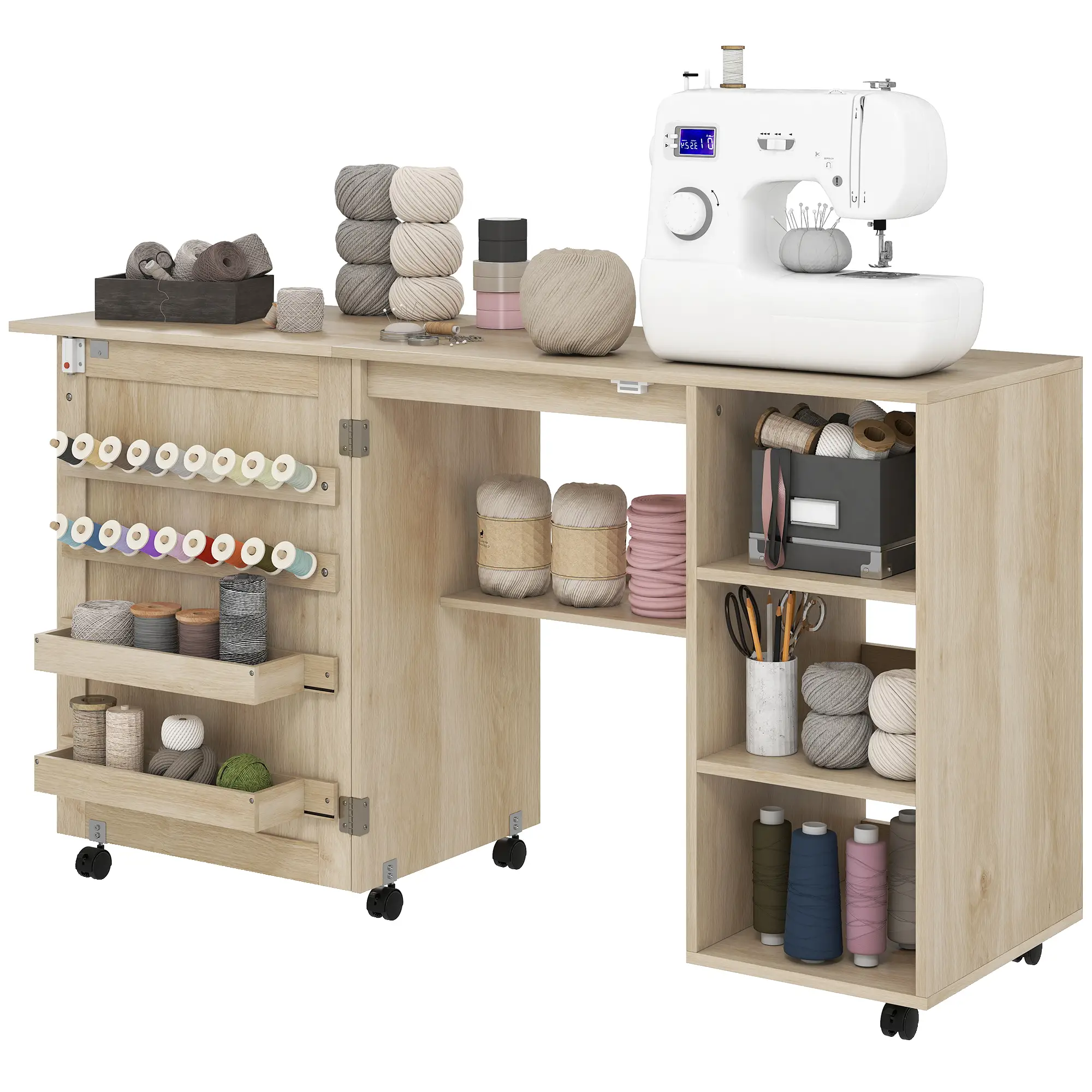 Sewing Machine Table with Drop Leaf, Rattan Door, Storage Shelves, Natural