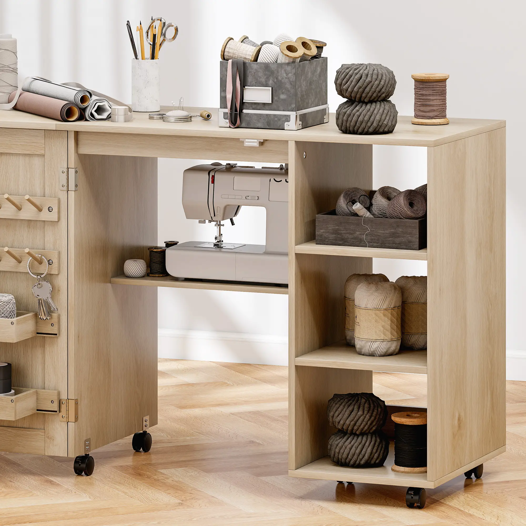 Sewing Machine Table with Drop Leaf, Rattan Door, Storage Shelves, Natural - Image 10