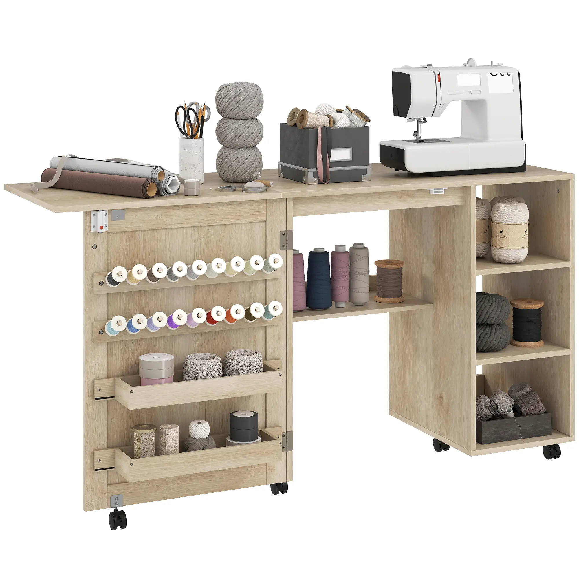 Sewing Machine Table with Drop Leaf, Rattan Door, Storage Shelves, Natural - Image 11