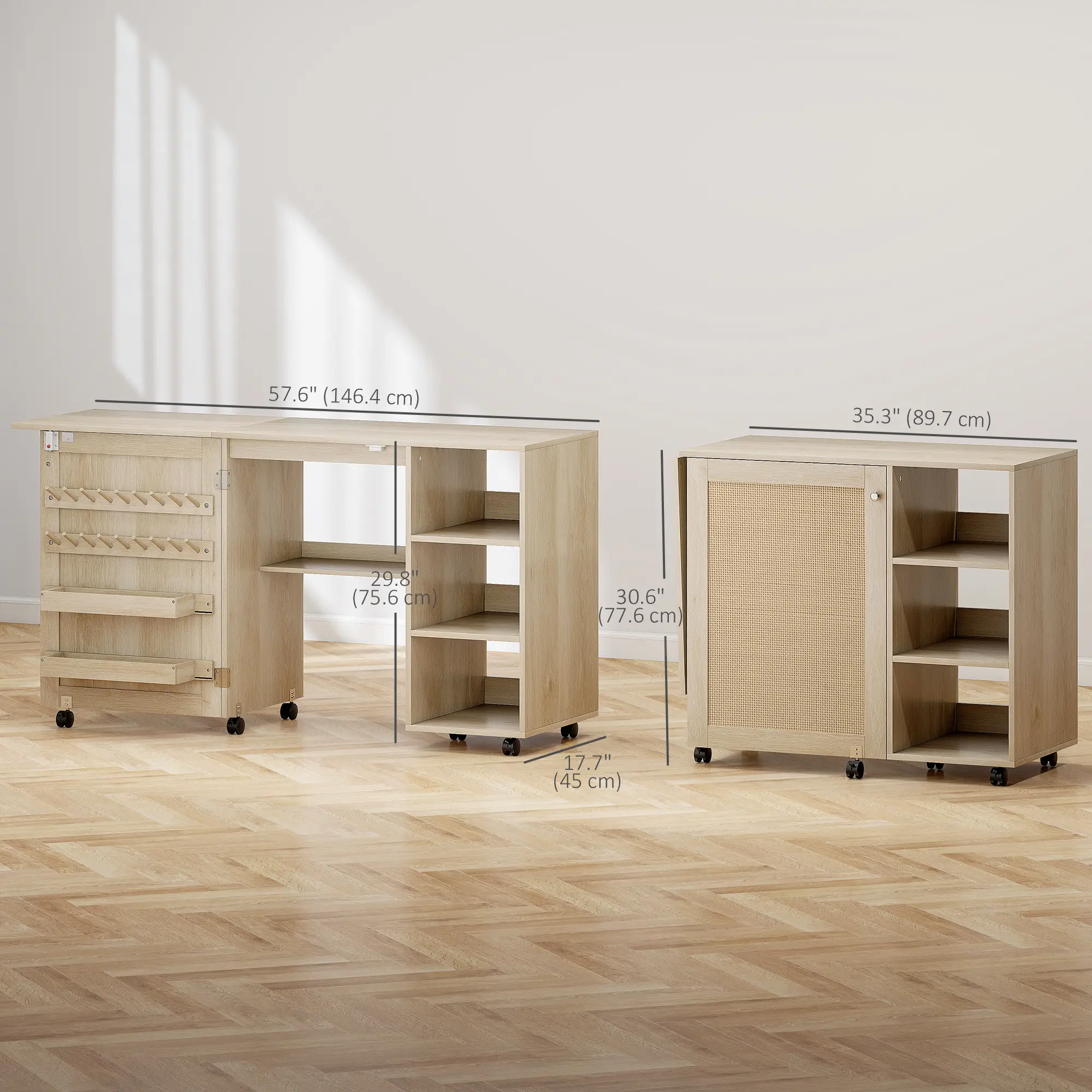 Sewing Machine Table with Drop Leaf, Rattan Door, Storage Shelves, Natural - Image 3