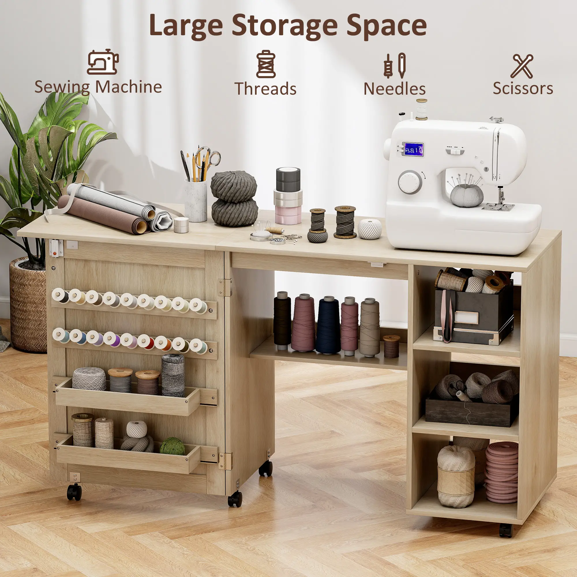Sewing Machine Table with Drop Leaf, Rattan Door, Storage Shelves, Natural - Image 4
