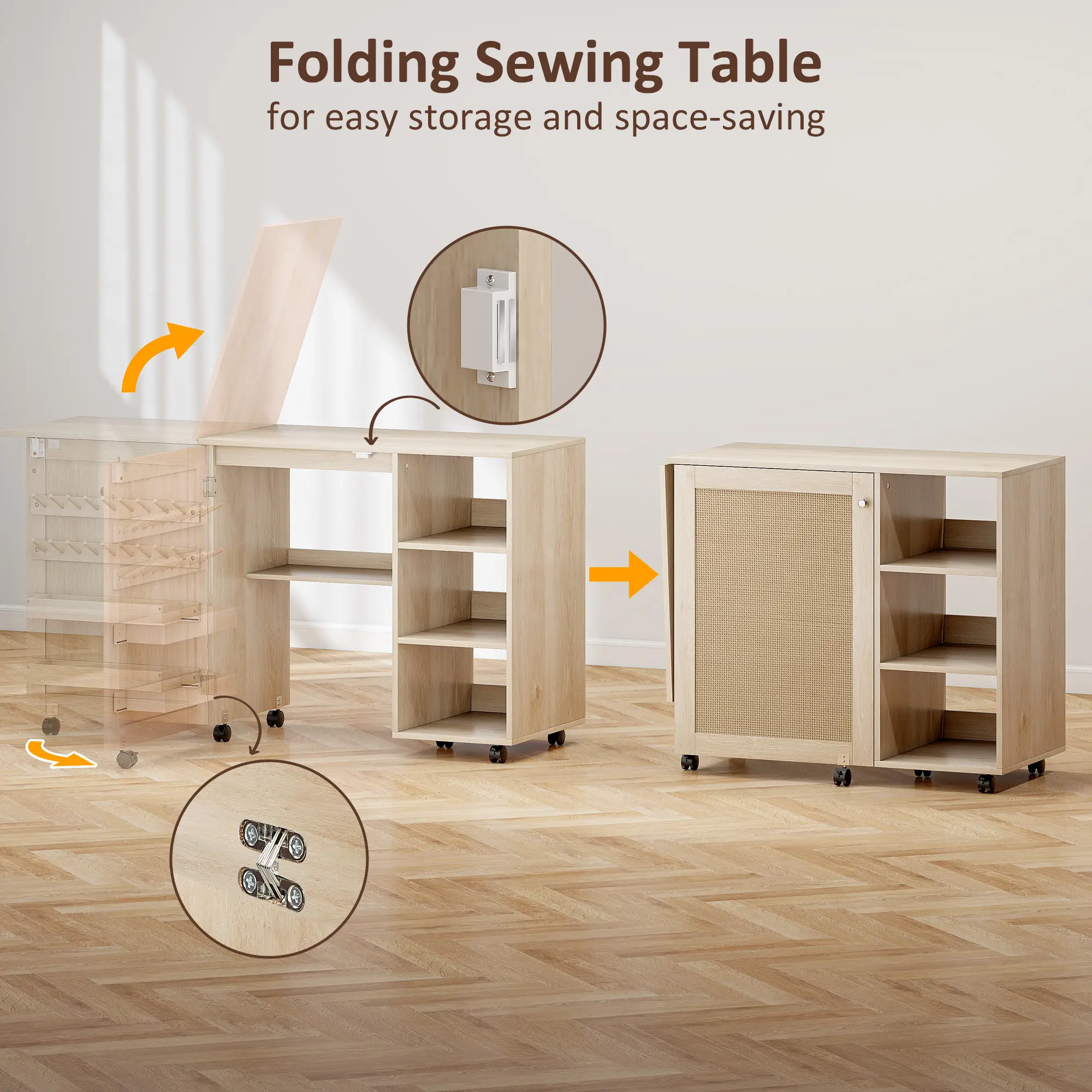 Sewing Machine Table with Drop Leaf, Rattan Door, Storage Shelves, Natural - Image 5