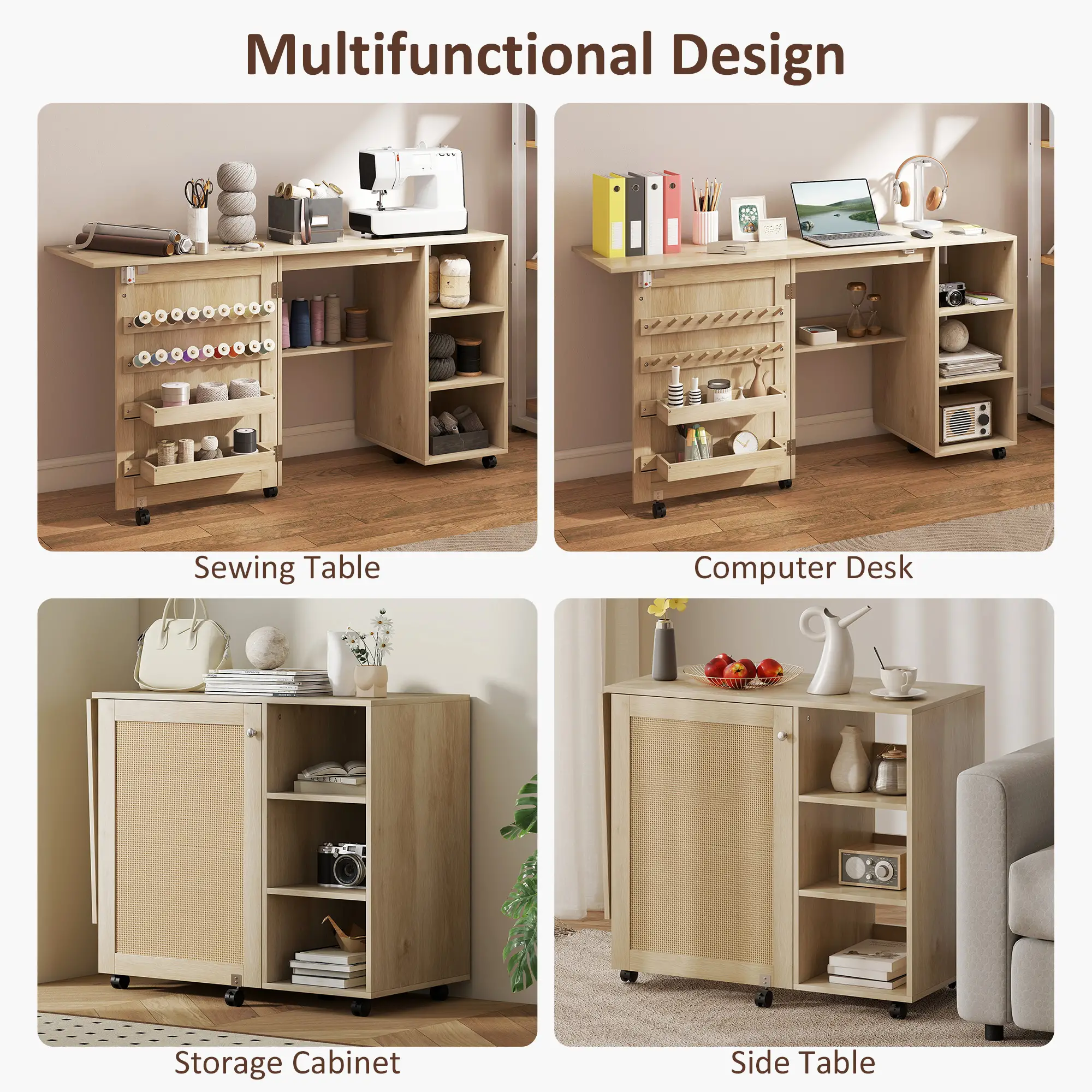 Sewing Machine Table with Drop Leaf, Rattan Door, Storage Shelves, Natural - Image 6