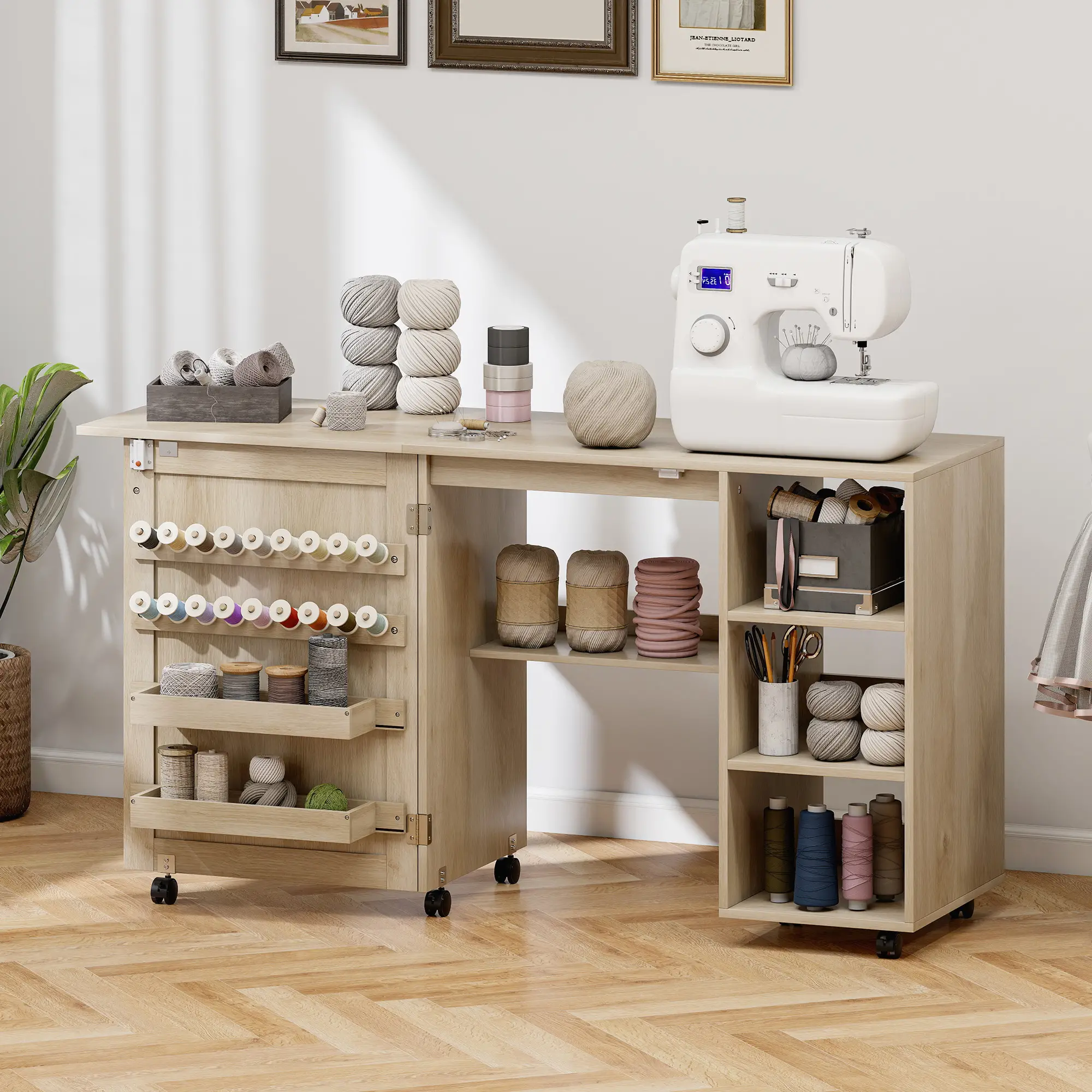 Sewing Machine Table with Drop Leaf, Rattan Door, Storage Shelves, Natural - Image 8