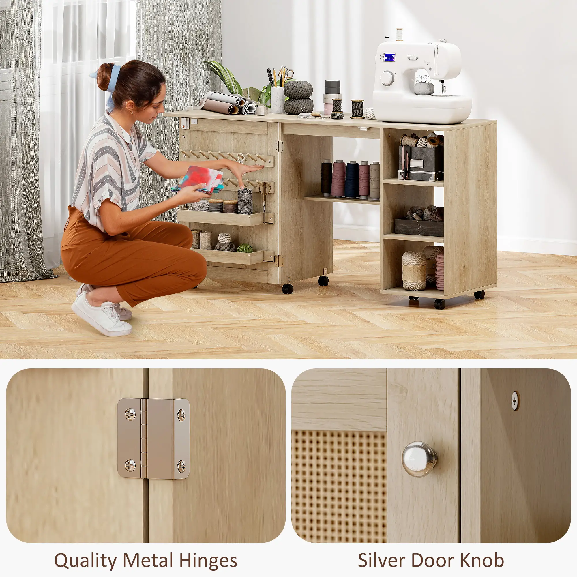 Sewing Machine Table with Drop Leaf, Rattan Door, Storage Shelves, Natural - Image 9