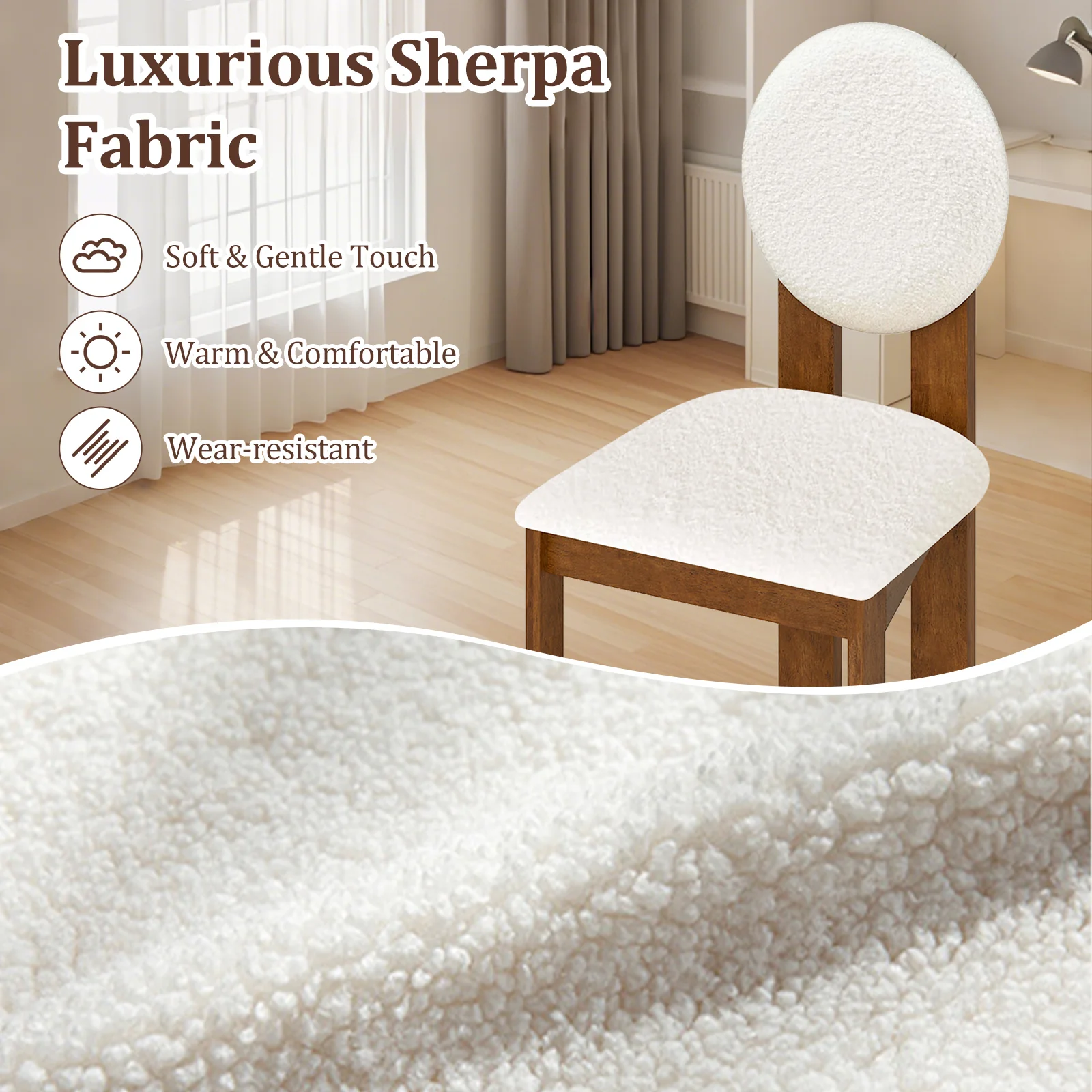 Sherpa Dining Chairs Set of 2, Rubber Wood Legs, White - Image 5